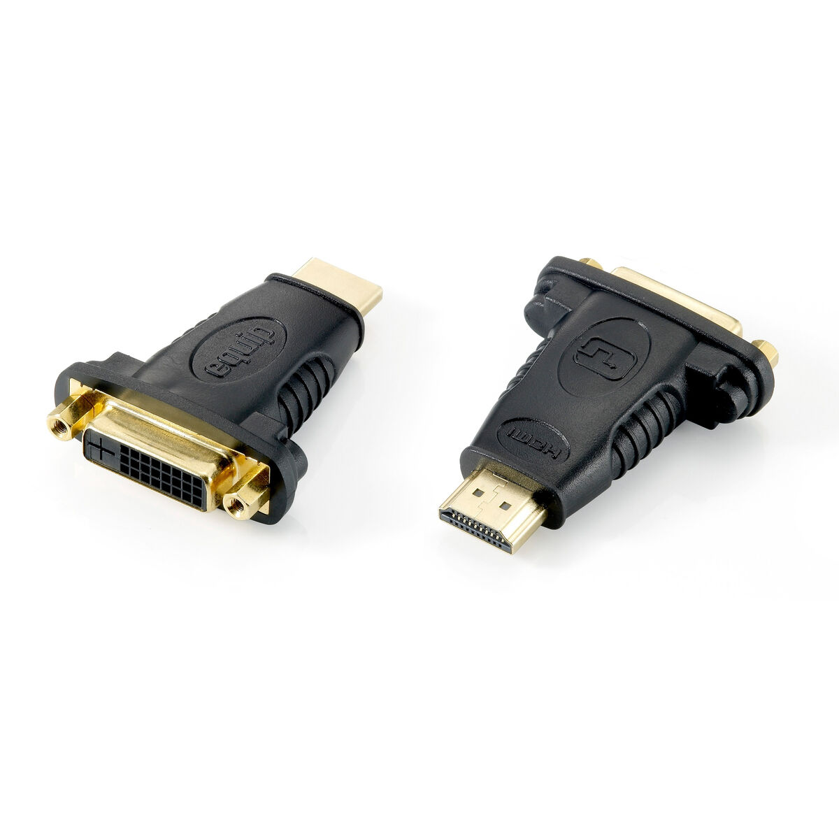Due adattatori da HDMI a DVI neri. Sfondo bianco.