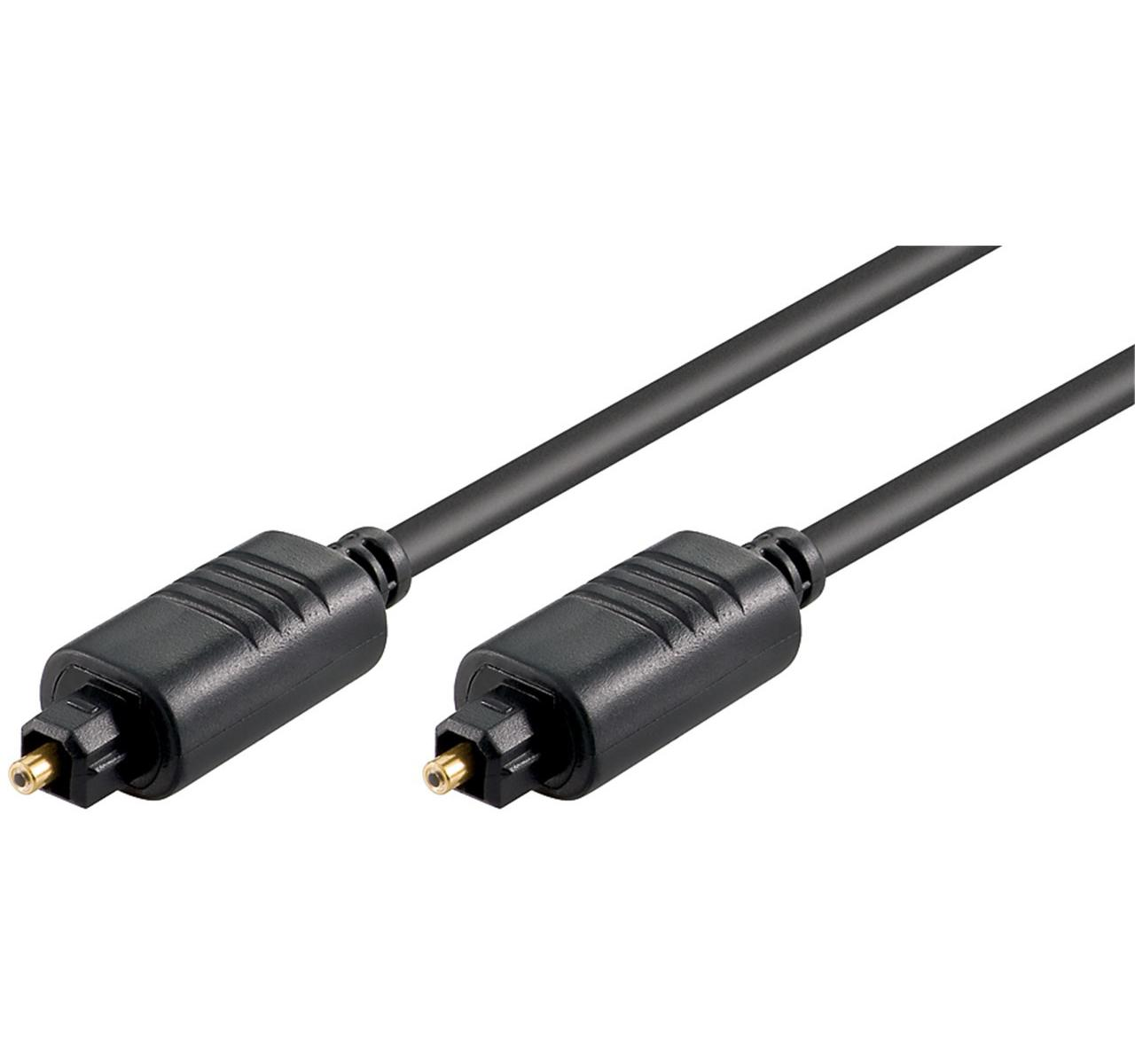 Cavo audio ottico nero con due connettori. I connettori hanno punte dorate.