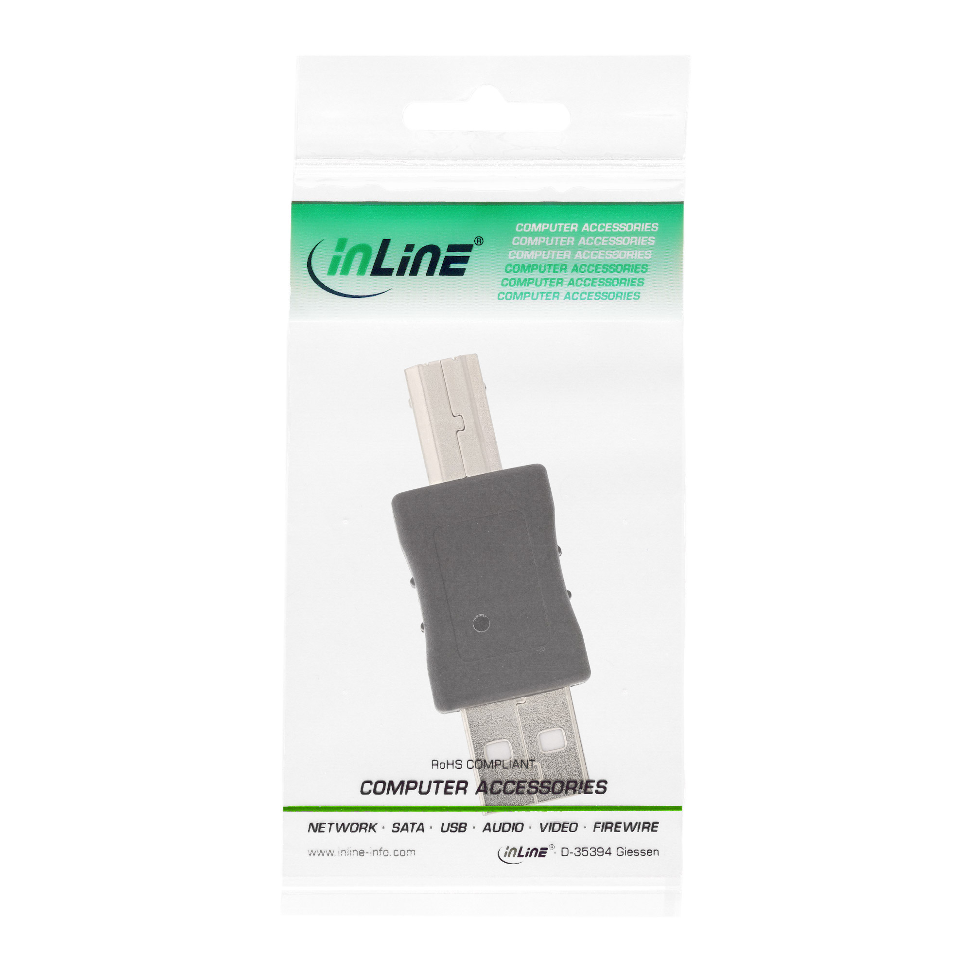 USB-Adapter in Verpackung. Schwarzer Adapter, transparente Verpackung, weißer Hintergrund.