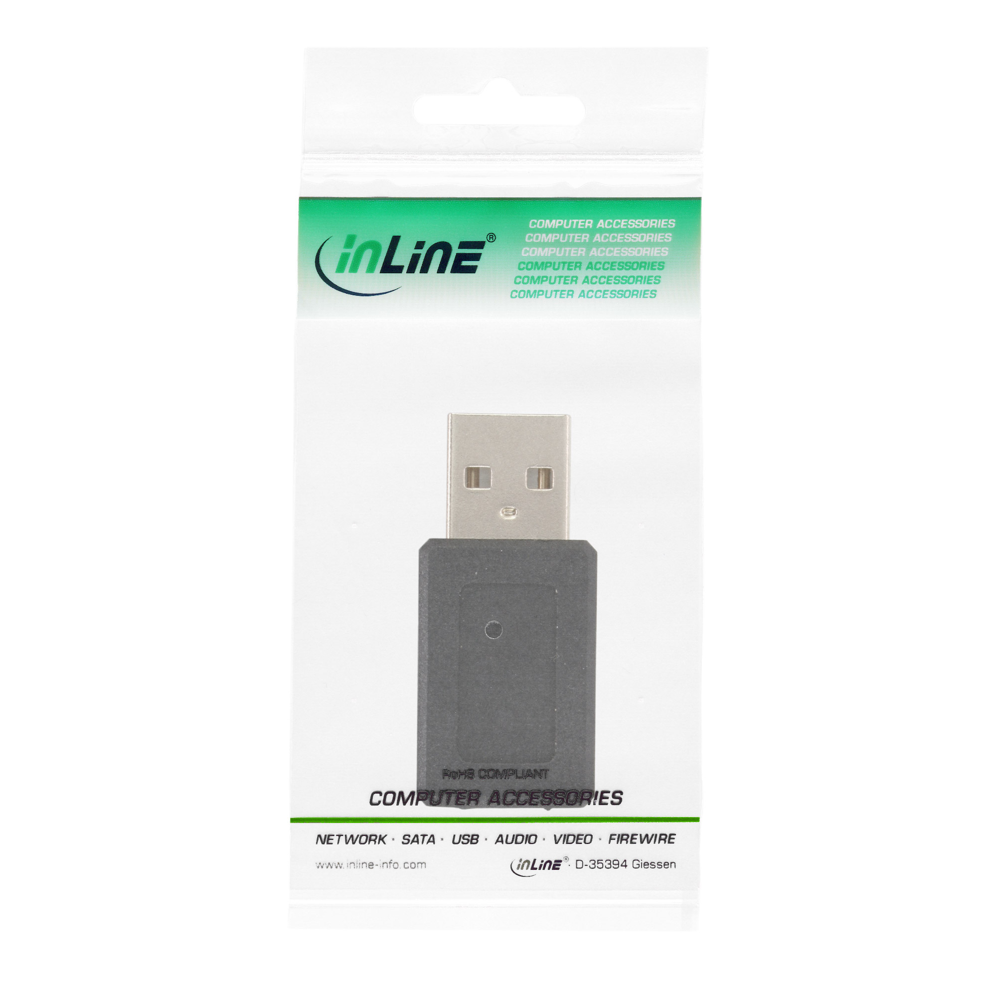 USB-Adapter in klarer Kunststoffverpackung. Text: 'Computer Accessories' und 'inLine'.