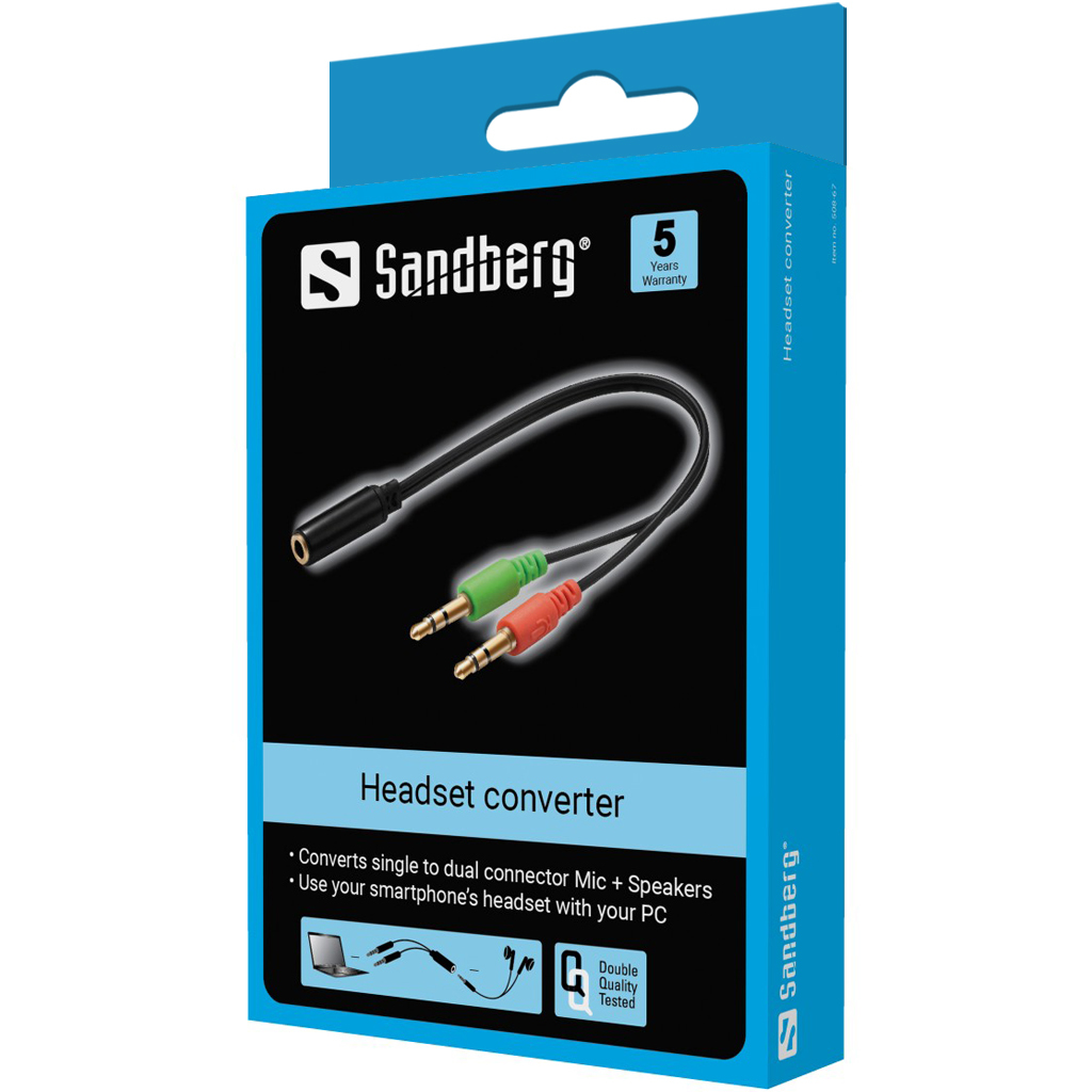 Scatola blu con un cavo convertitore per cuffie nero. Ha una femmina e due connettori maschi da 3,5 mm.