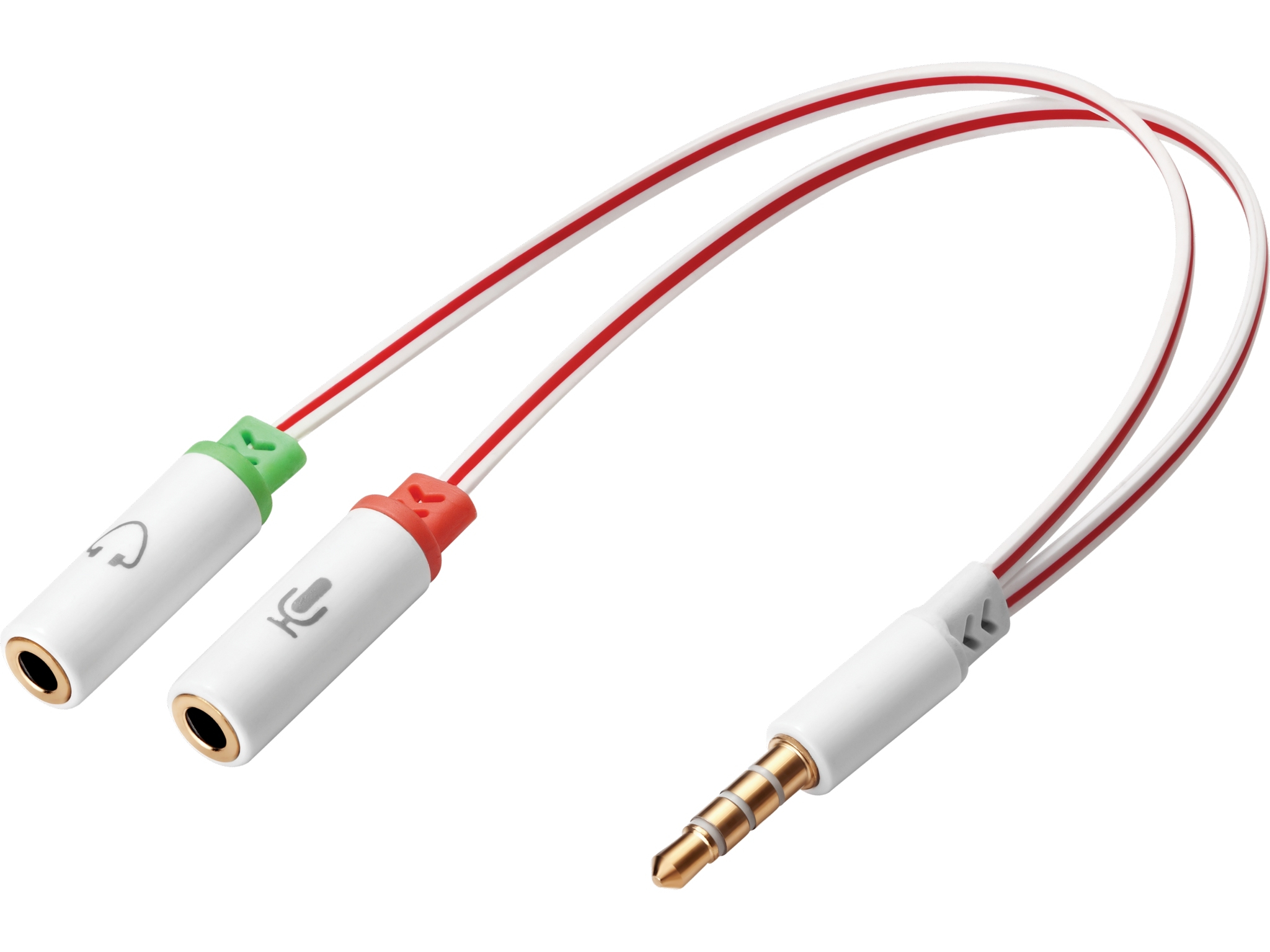 Adattatore audio bianco con due jack femmina (verde, rosso) e un jack maschio.