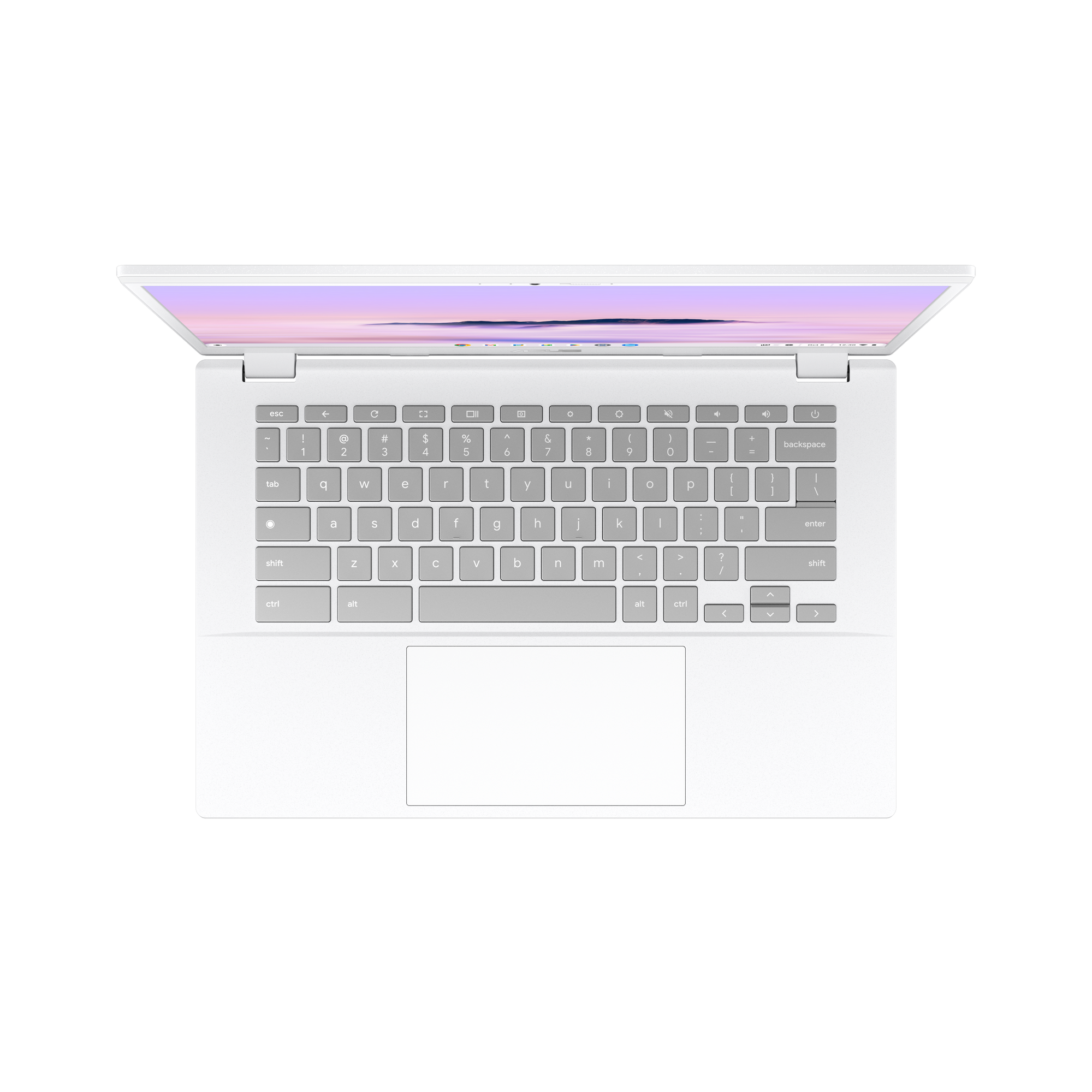 Biały laptop, widok z góry, otwarty. Klawiatura widoczna. Ekran wyświetla fioletowo-różowy gradient.