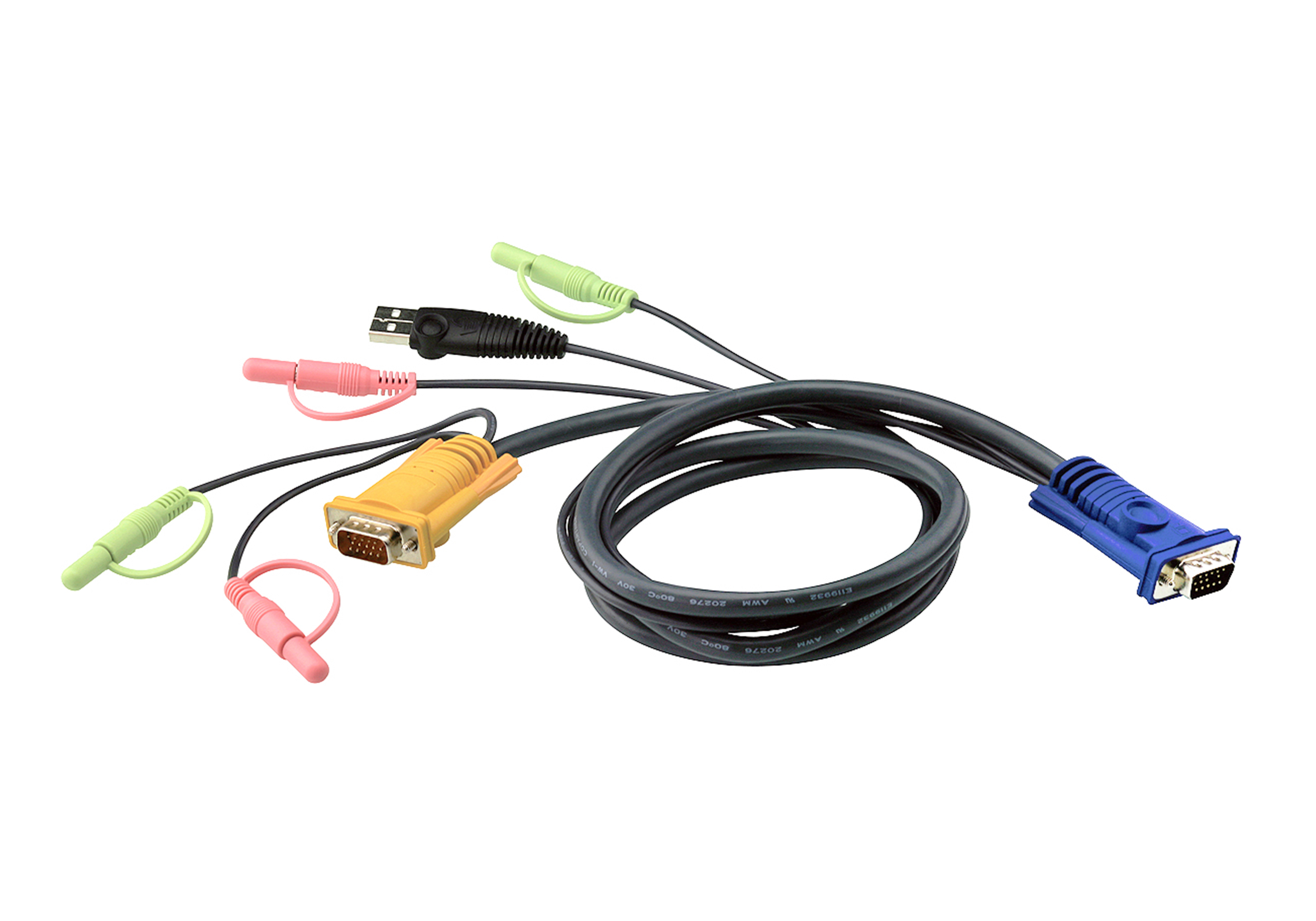 Un cavo nero e grigio con vari connettori, tra cui VGA e USB, su sfondo bianco.