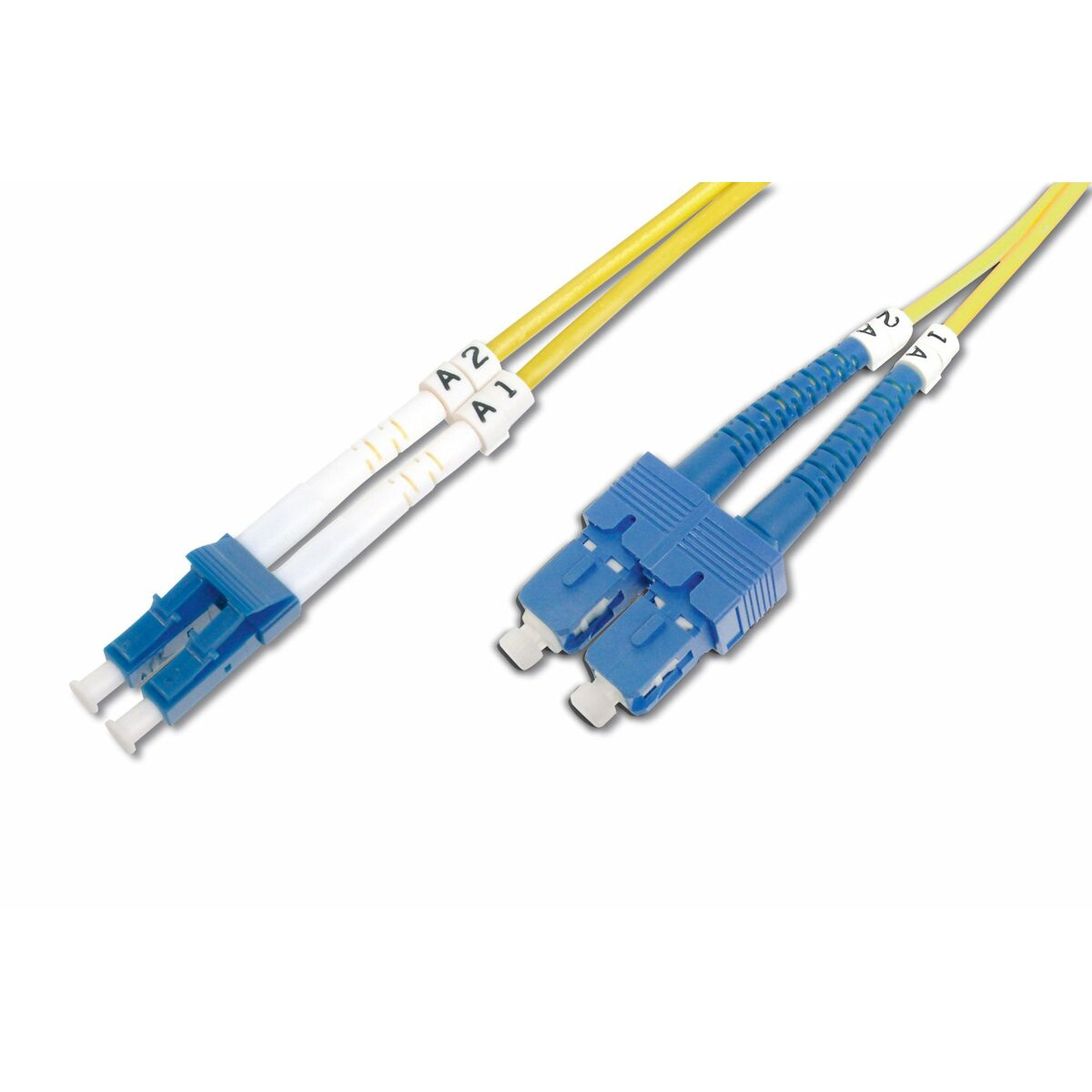 Due cavi in fibra ottica gialli con connettori blu, su sfondo bianco.