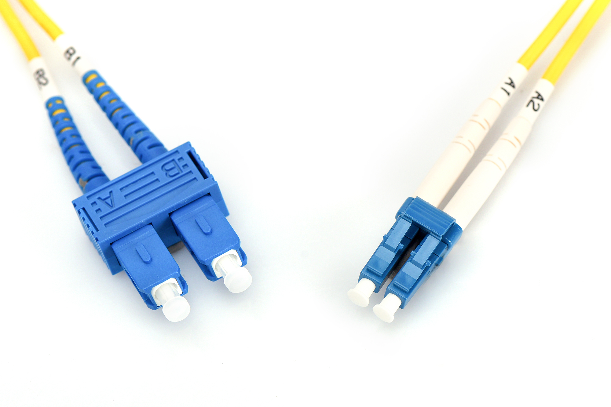 Due cavi con connettori blu e bianchi. Sfondo bianco. Etichette A1, A2, B1, B2 visibili.