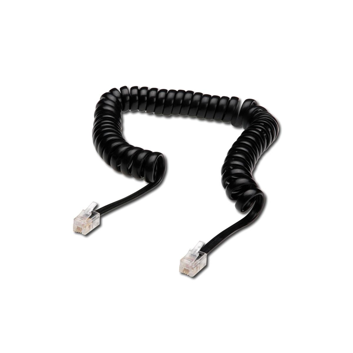 Cavo telefonico nero a spirale con due connettori RJ11 trasparenti, su sfondo bianco.