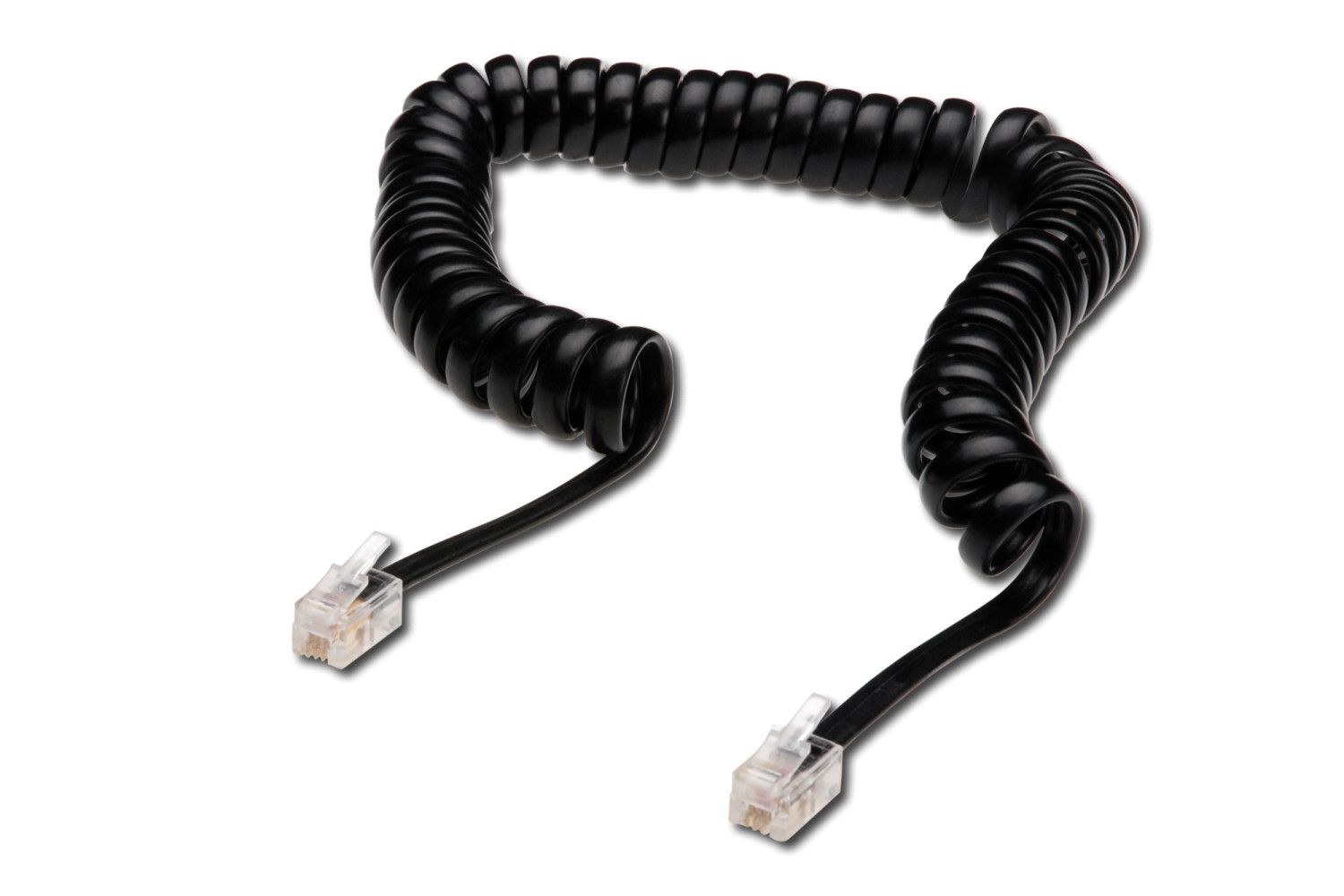 Cavo telefonico nero con connettori su sfondo bianco.