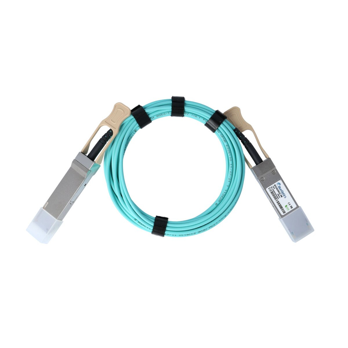 Cavo in fibra ottica turchese arrotolato con connettori beige e cinghie nere.