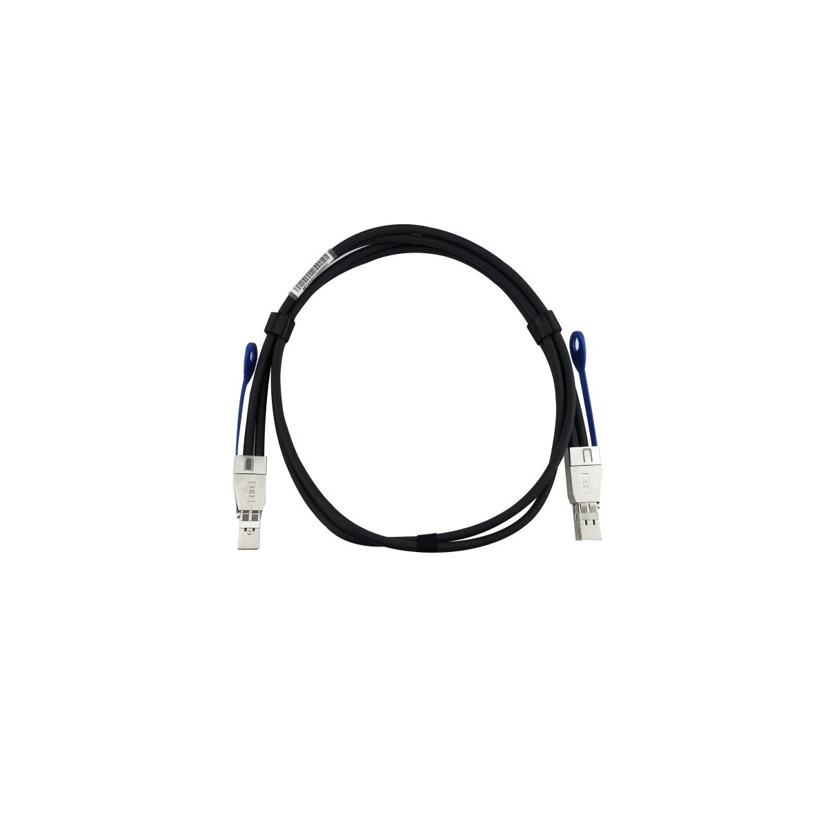 Cable negro con dos conectores, pestañas azules, sobre fondo blanco.