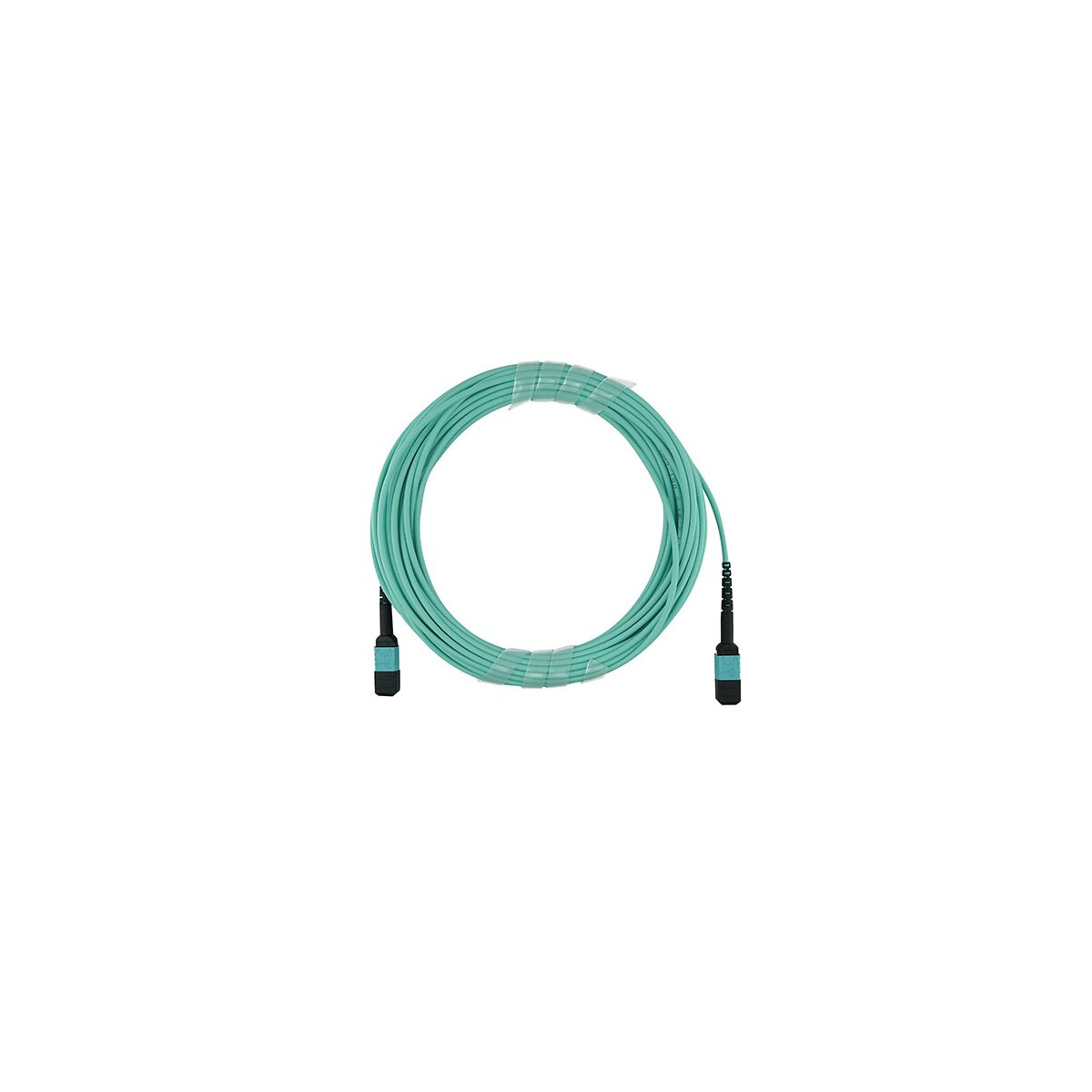 Cavo in fibra ottica verde acqua arrotolato con connettori.