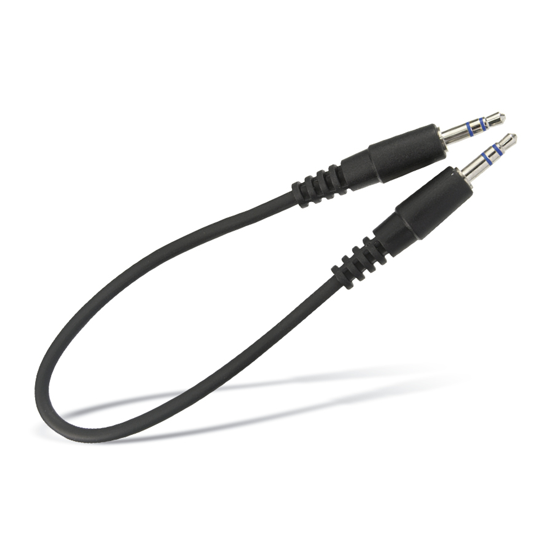 Cavo audio stereo da 3,5 mm nero con connettori neri, sfondo bianco.
