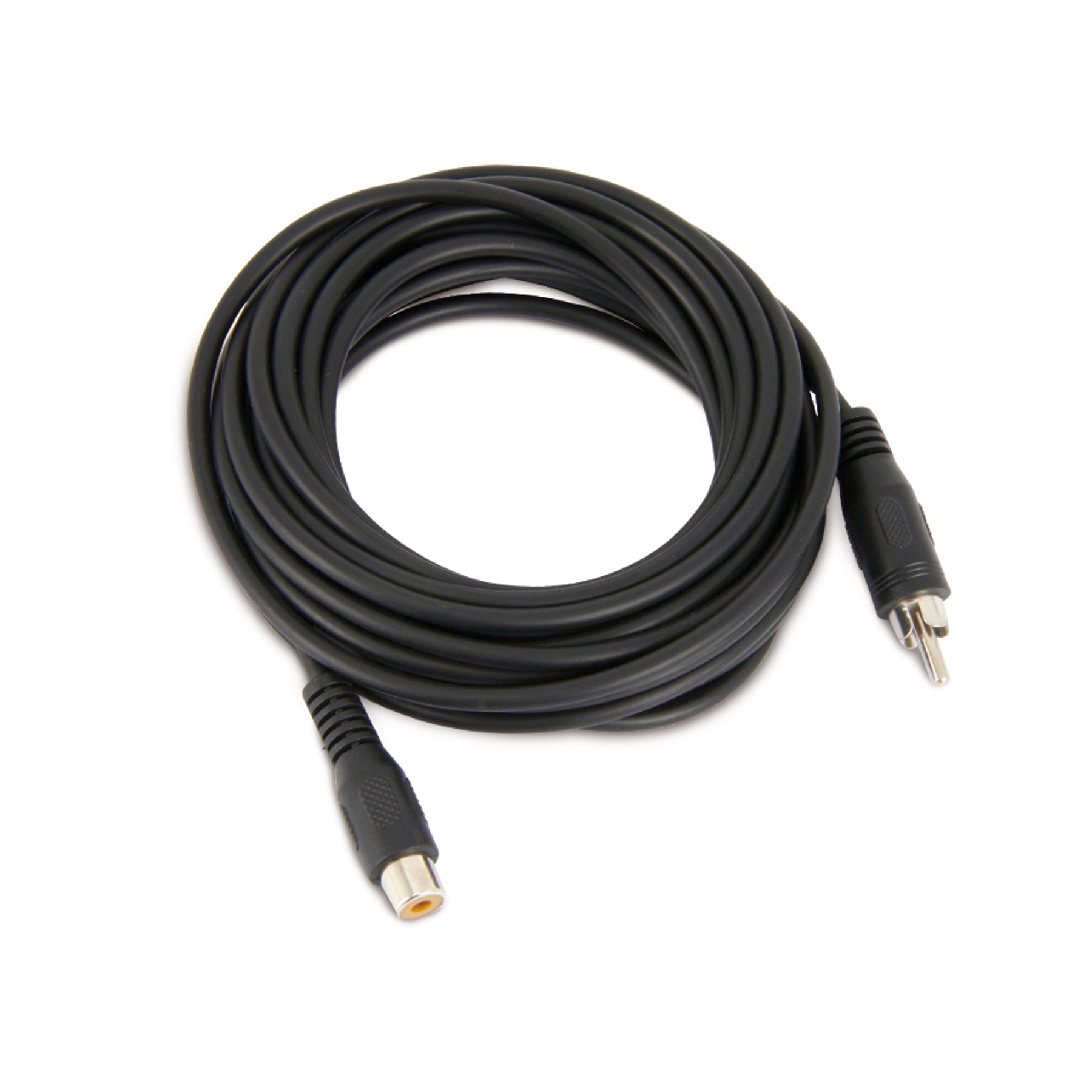 Aufgerolltes schwarzes Cinch-Audiokabel mit Buchsen und Steckern, weißer Hintergrund.