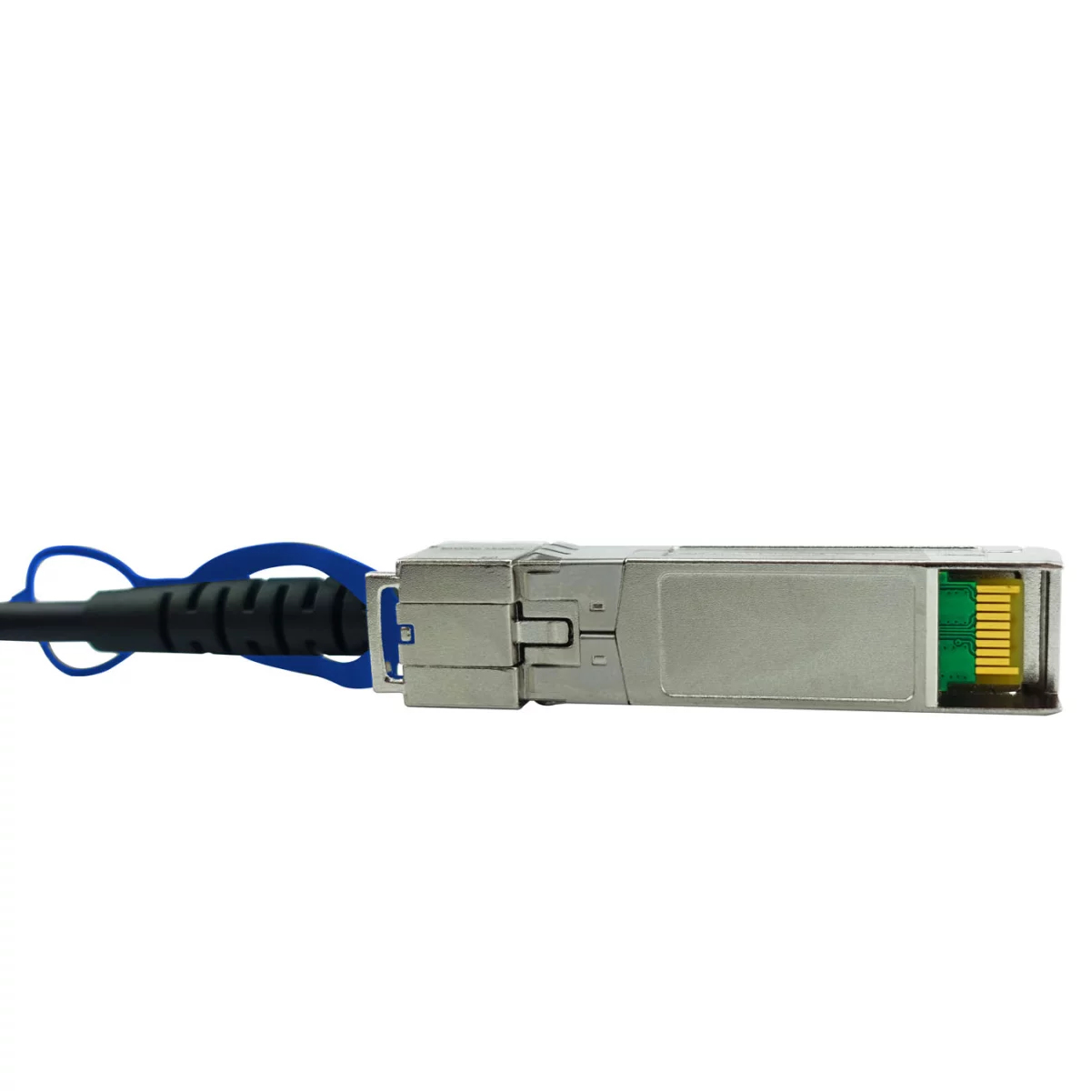 Connettore argento con cavo nero e clip blu su sfondo bianco.