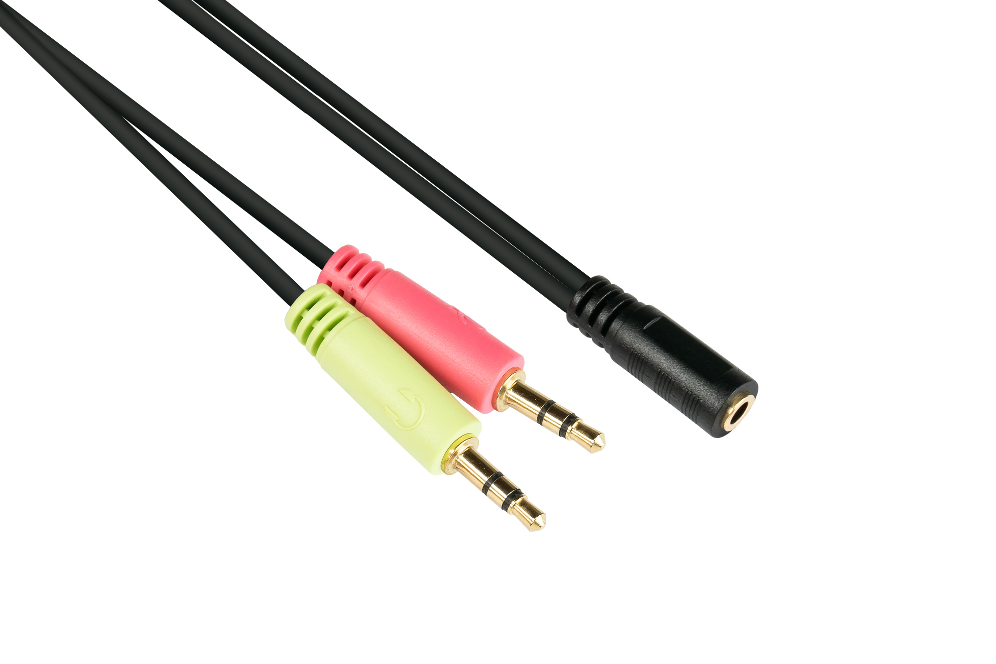 Un cavo audio con due jack da 3,5 mm e un jack femmina. Connettori neri, verdi e rosa.