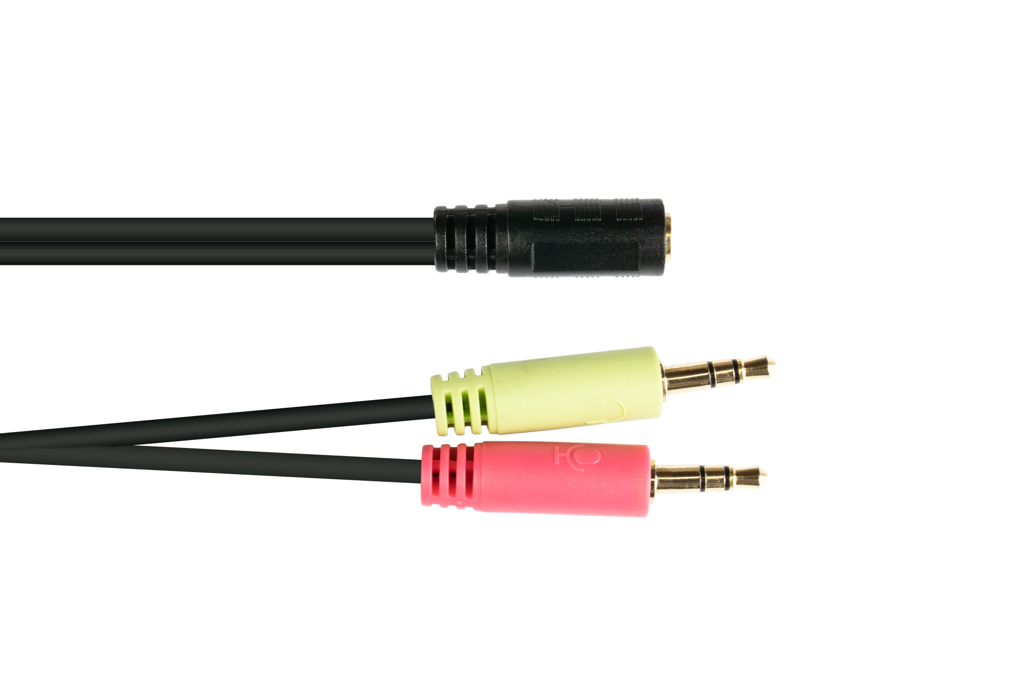Un cavo audio con un jack femmina e due jack da 3,5 mm. Connettori neri, verdi e rosa.