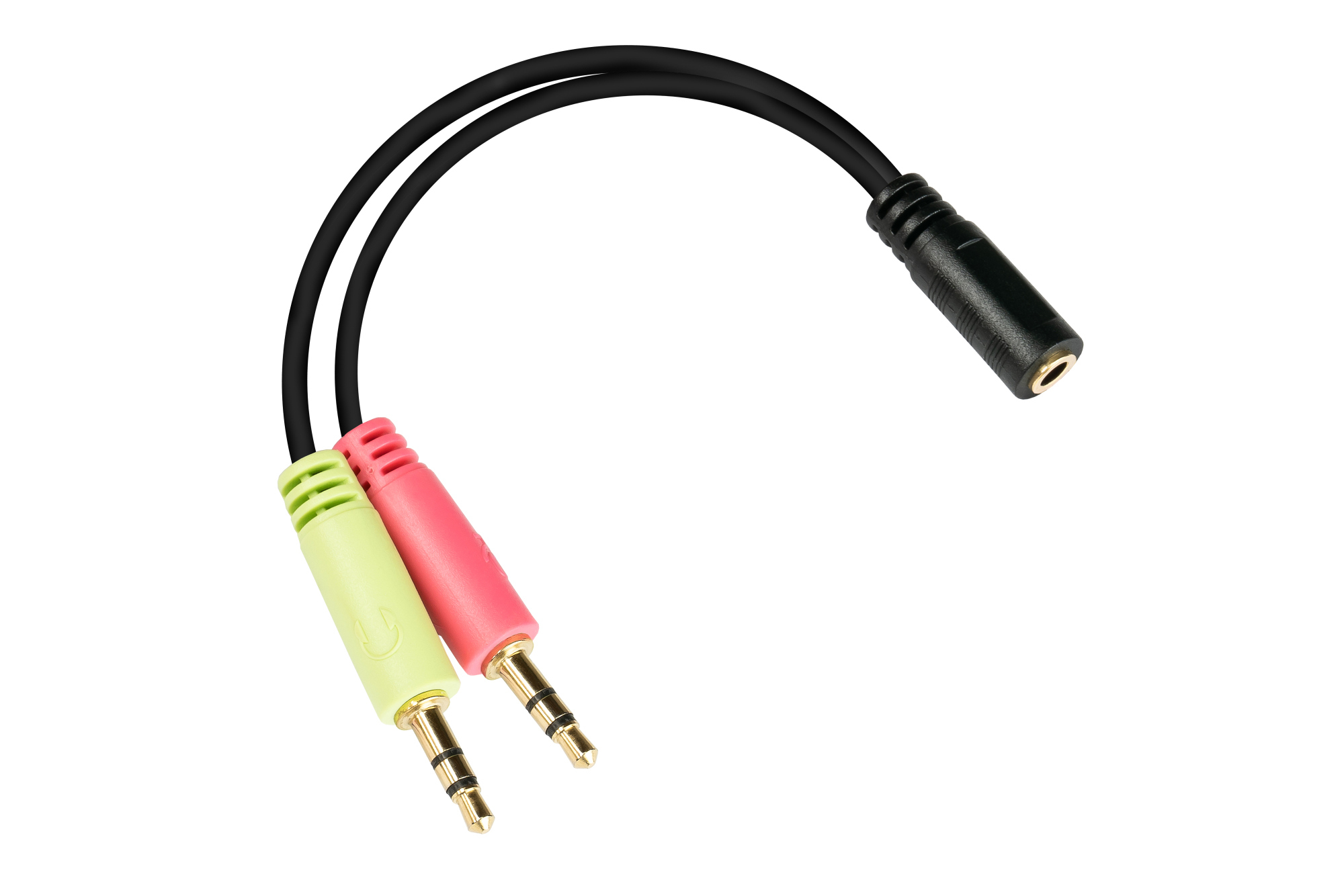 Un cavo audio con due jack da 3,5 mm e un jack femmina. Connettori neri, verdi e rosa.