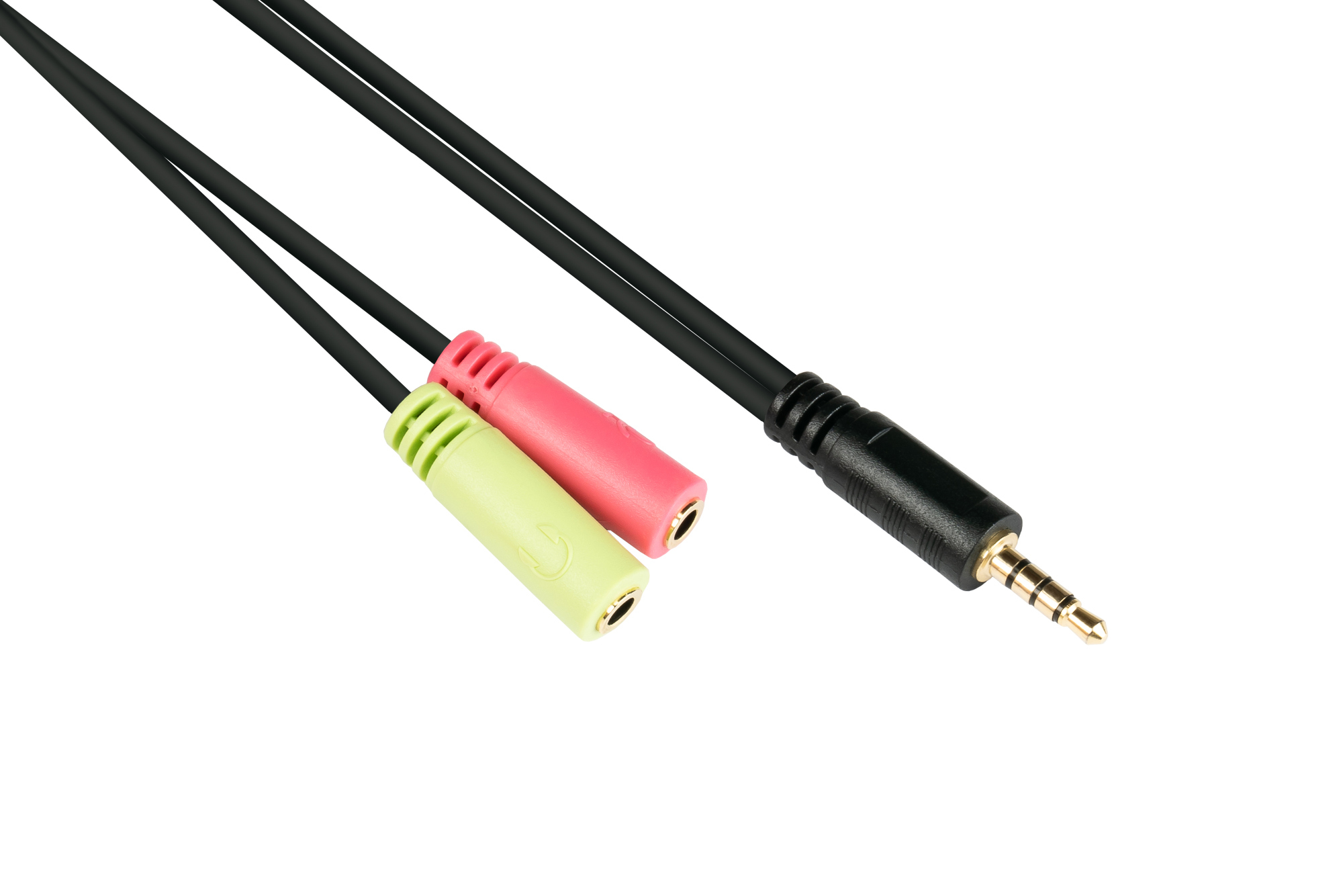 Cavo audio con jack da 3,5 mm e due connettori da 3,5 mm, verde e rosa, isolato su bianco.