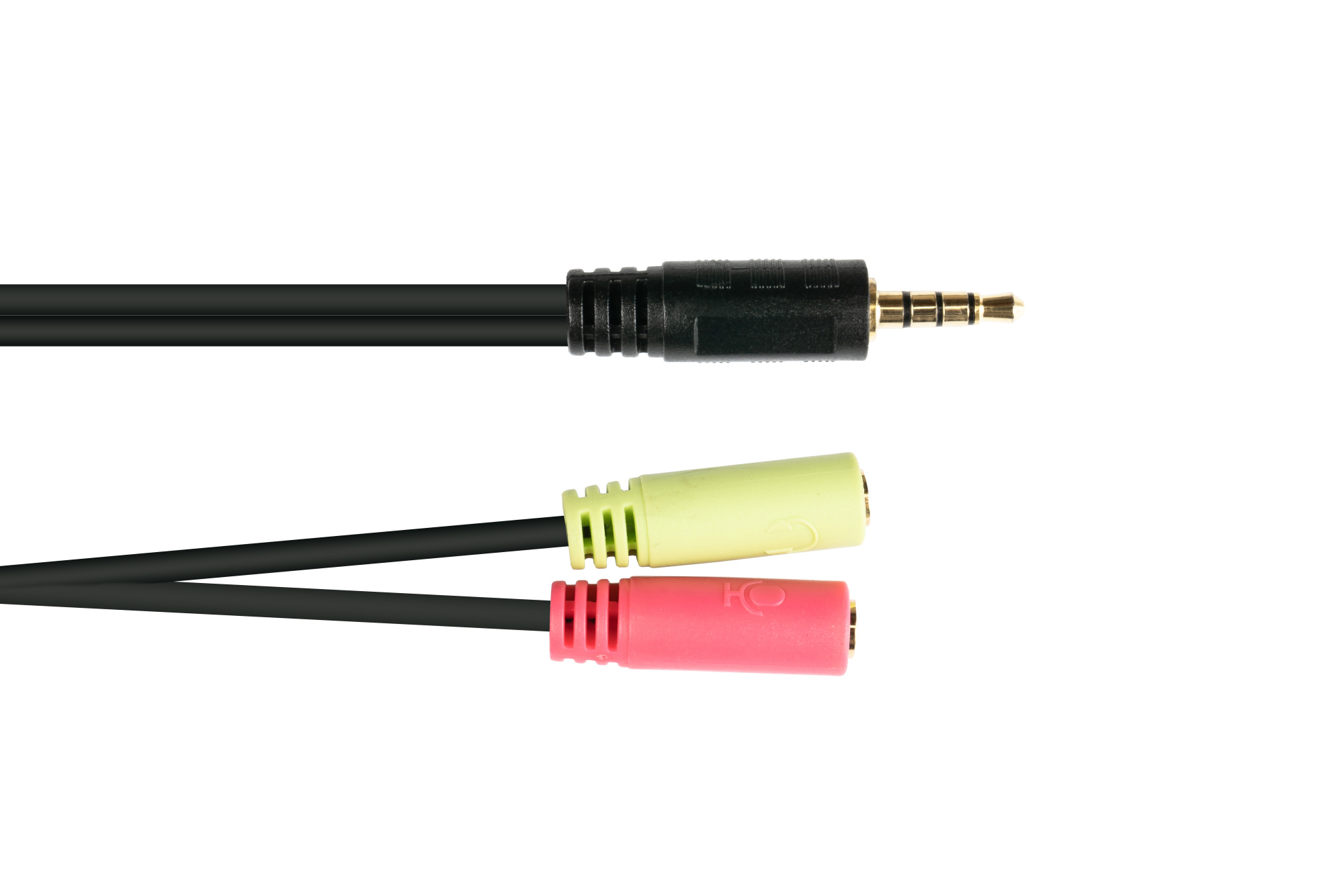 Cavo audio con jack da 3,5 mm e due connettori da 3,5 mm, verde e rosa, isolato su bianco.