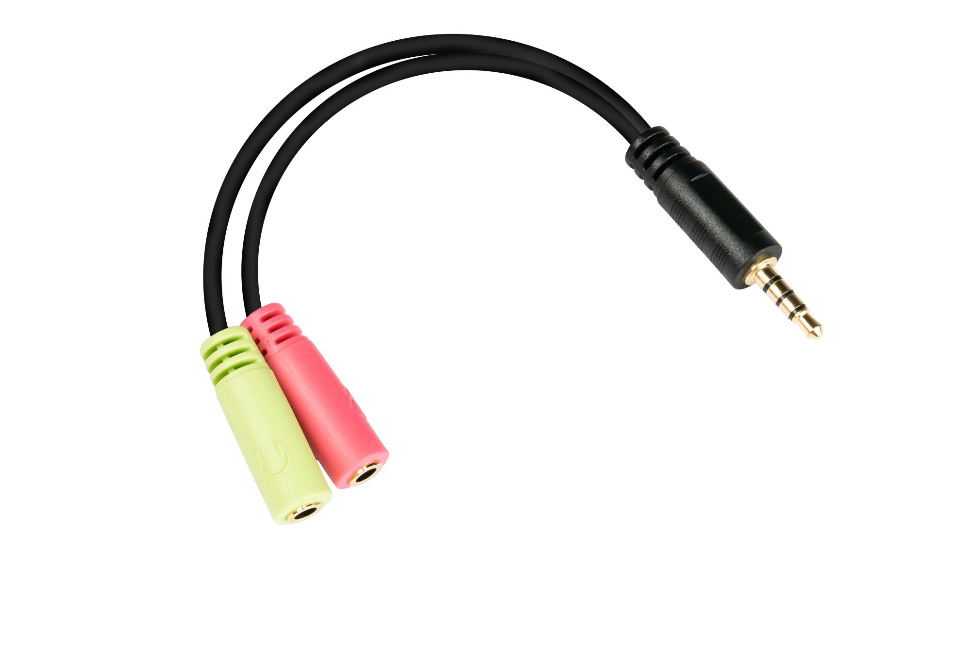 Cavo audio con jack da 3,5 mm e due connettori da 3,5 mm, verde e rosa, isolato su bianco.