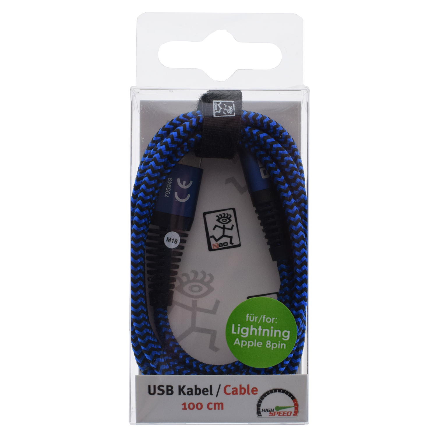 Un cavo USB/Cable per Lightning Apple 8pin, lungo 100 cm, in una confezione trasparente, su bianco.