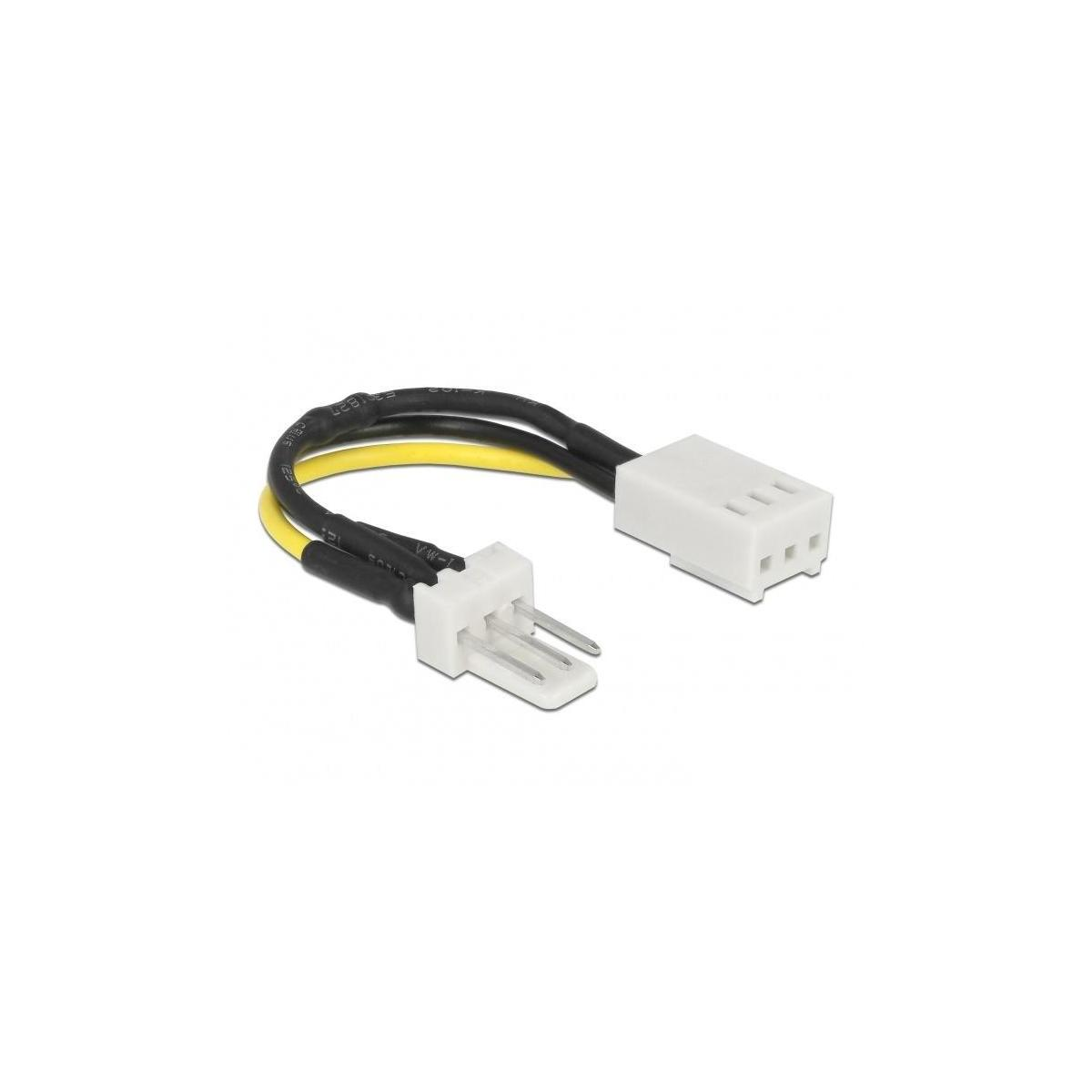 Connettore bianco con tre pin e fili neri e gialli, su sfondo bianco.