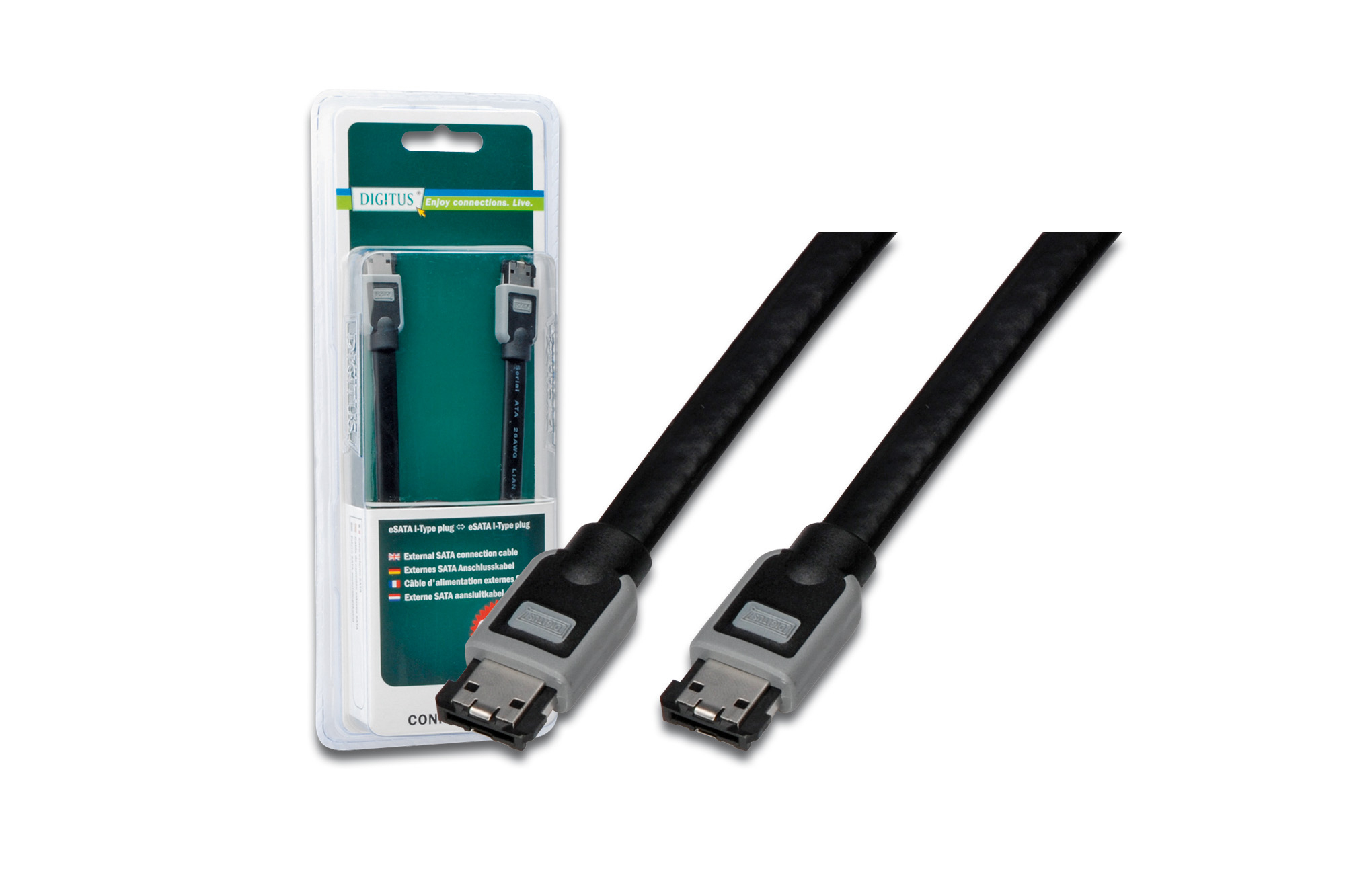 Cavo SATA in confezione. Cavo nero con connettori grigi, su sfondo bianco.