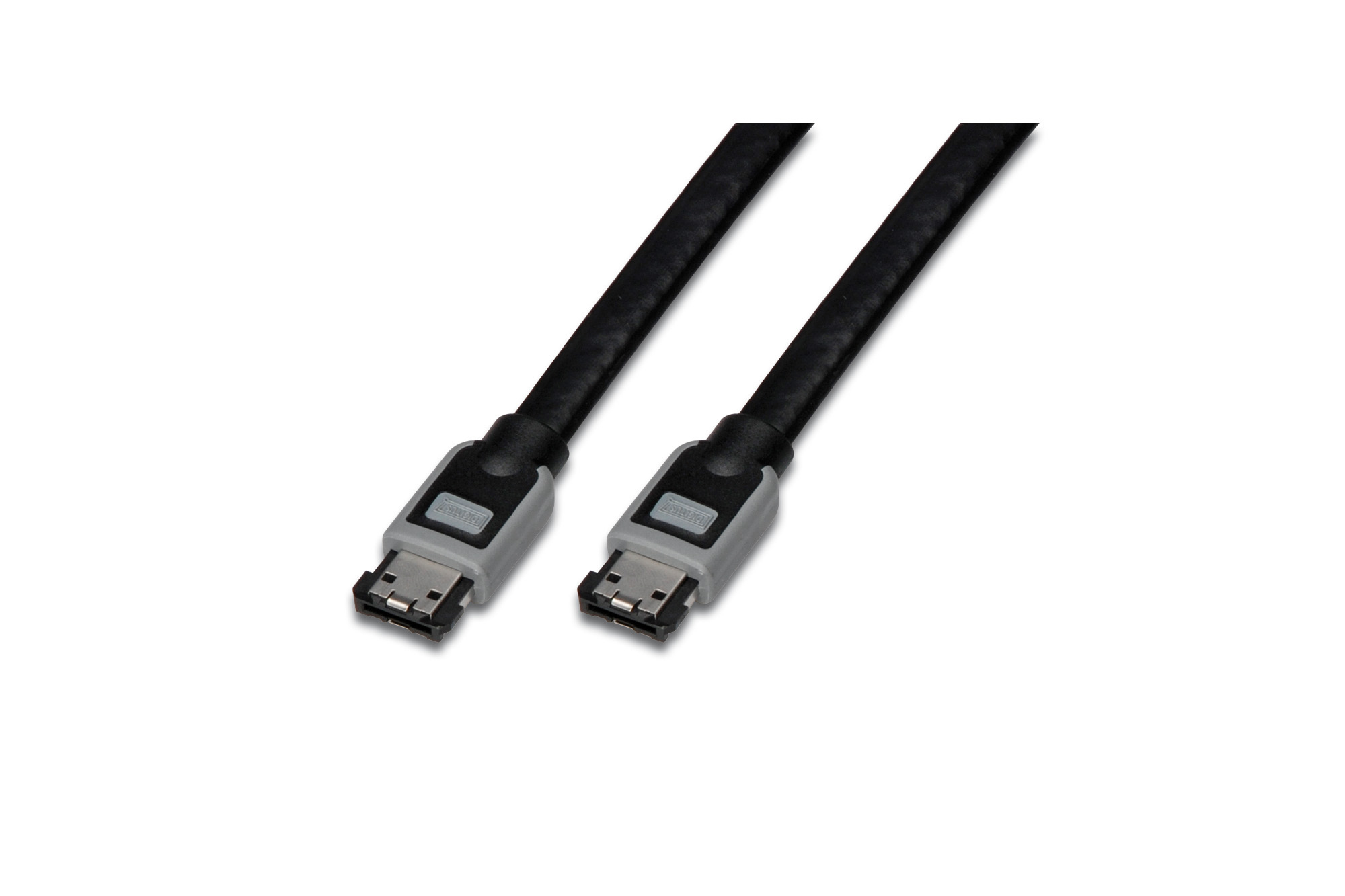 Cavo SATA nero con connettori grigi, su sfondo bianco.