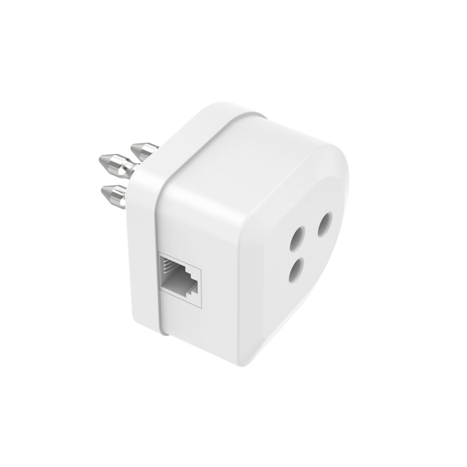 Biały adapter z trzema pinami i portem sieciowym.
