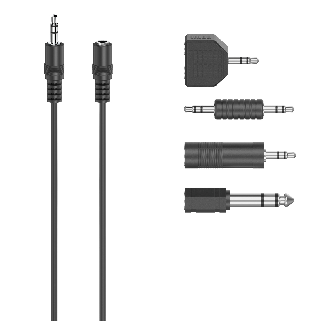 Różne złącza audio, w tym gniazda 3,5 mm i adaptery.