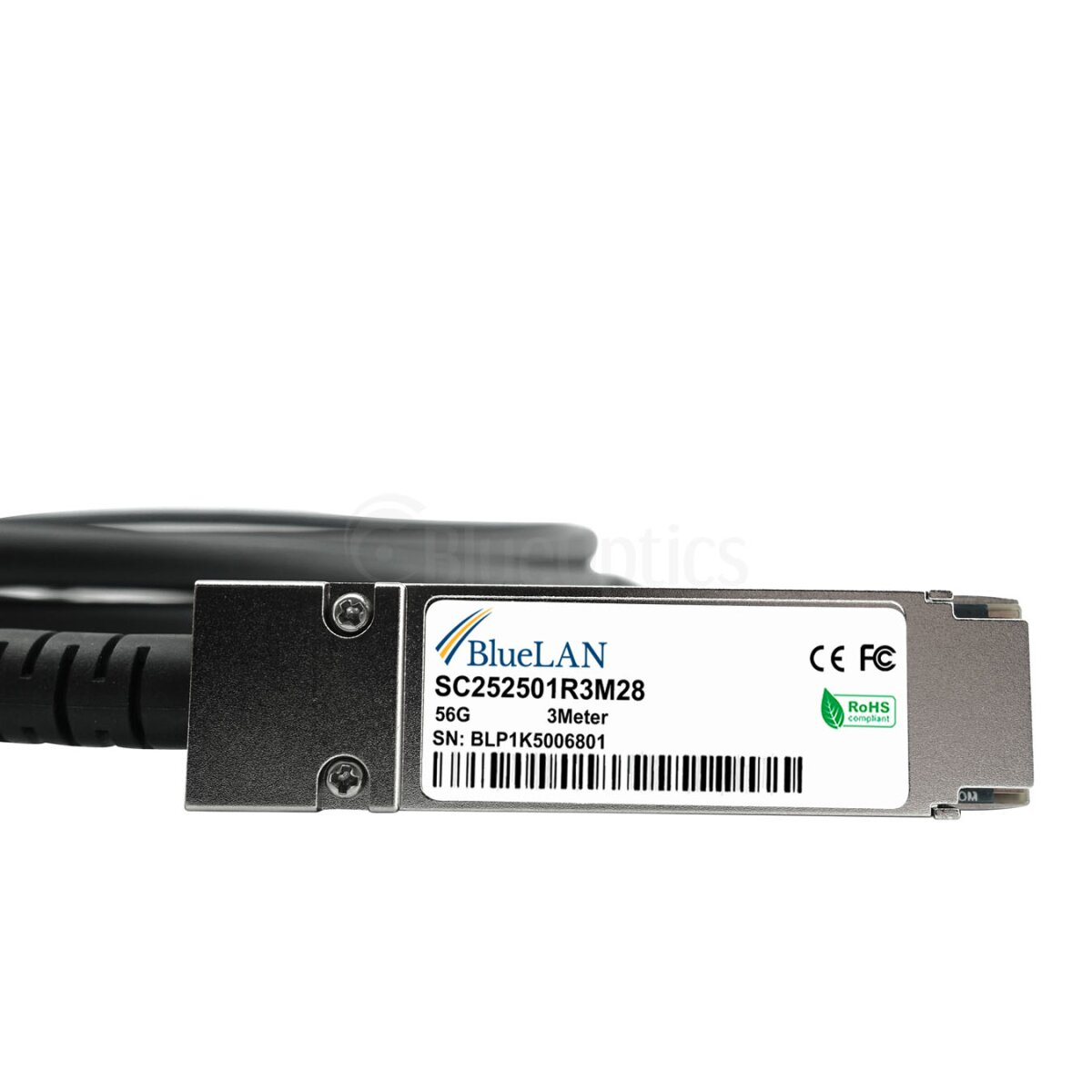 Connettore argento con cavo nero, sfondo bianco ed etichetta Bluelan.