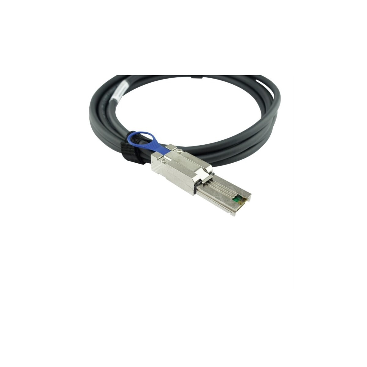 Cavo nero con connettore argento, sfondo bianco, manico blu.