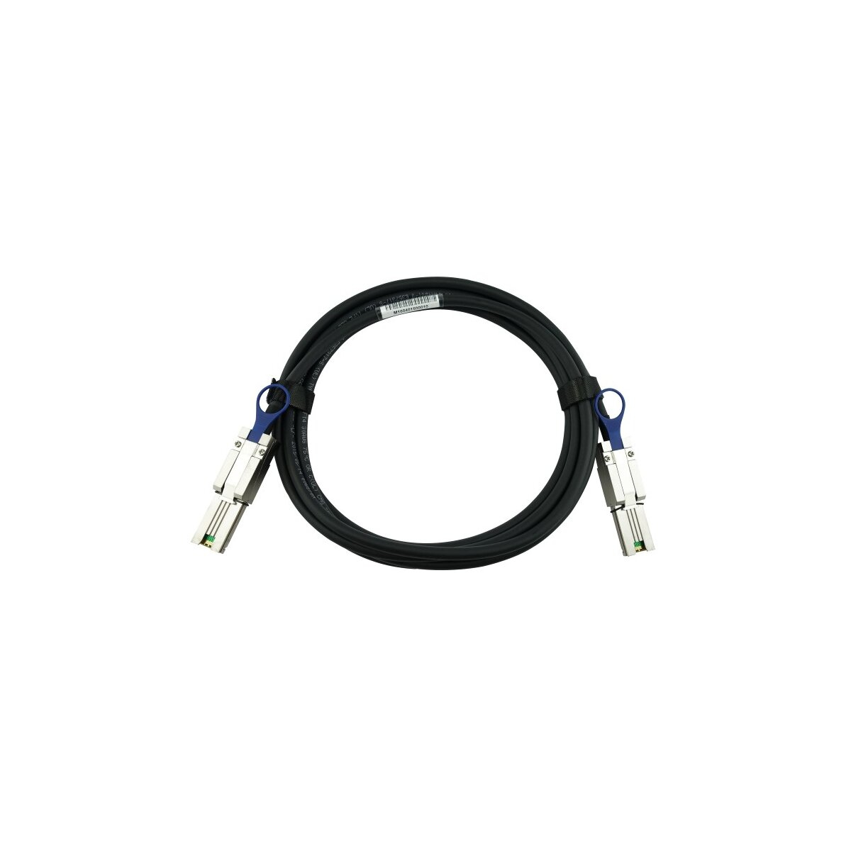 Cavo nero con clip blu su sfondo bianco.