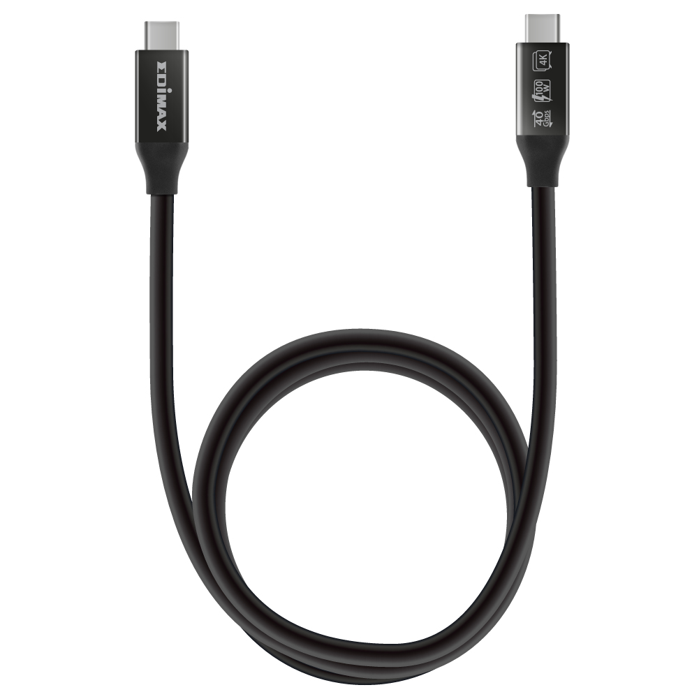 Cavo USB-C nero. Arrotolato, con connettori USB-C alle estremità.