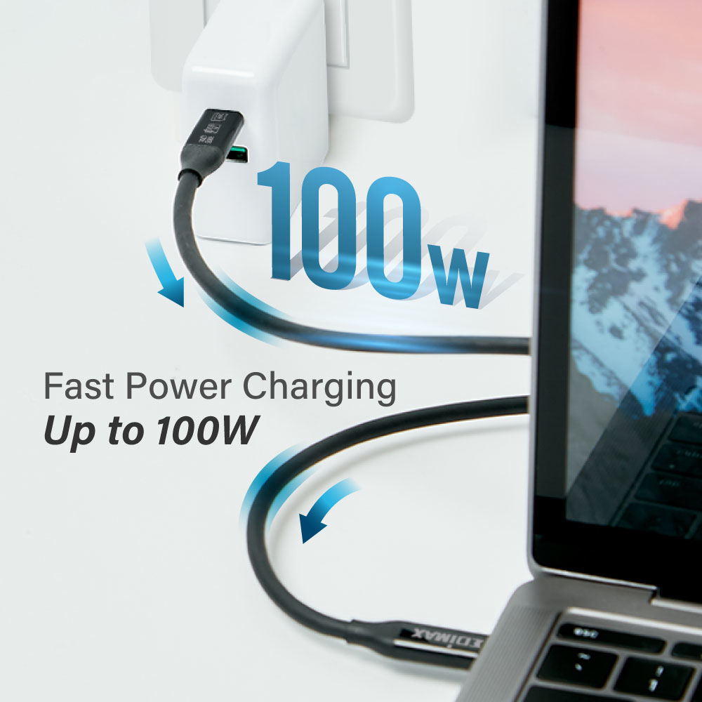 Un laptop si ricarica con un cavo USB-C EDIMAX. Il testo mostra 100W di carica.
