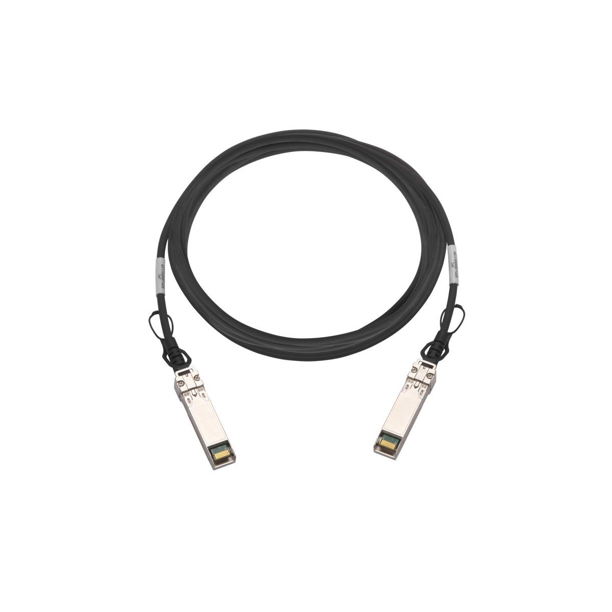 Cavo in fibra ottica nero con due connettori. Sfondo bianco.