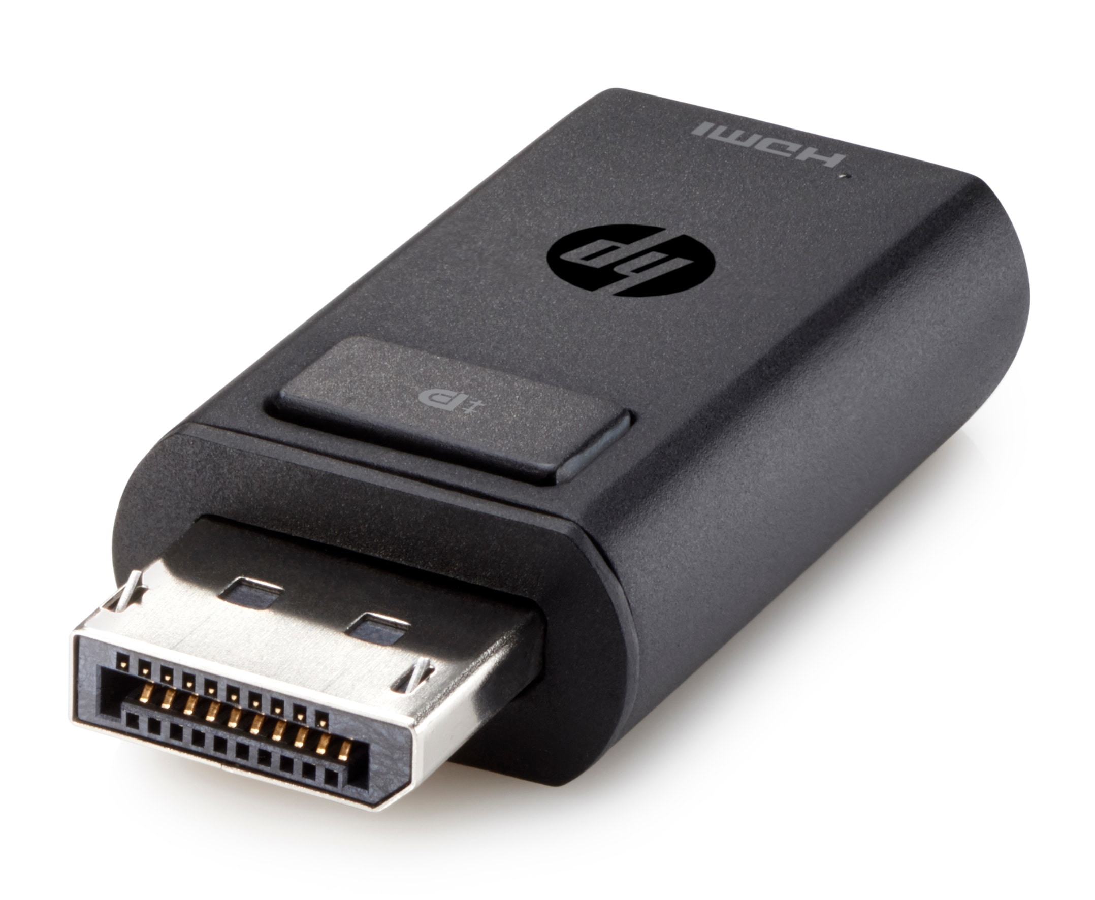 Czarny adapter HP HDMI do DisplayPort. Z logo HP. Białe tło.