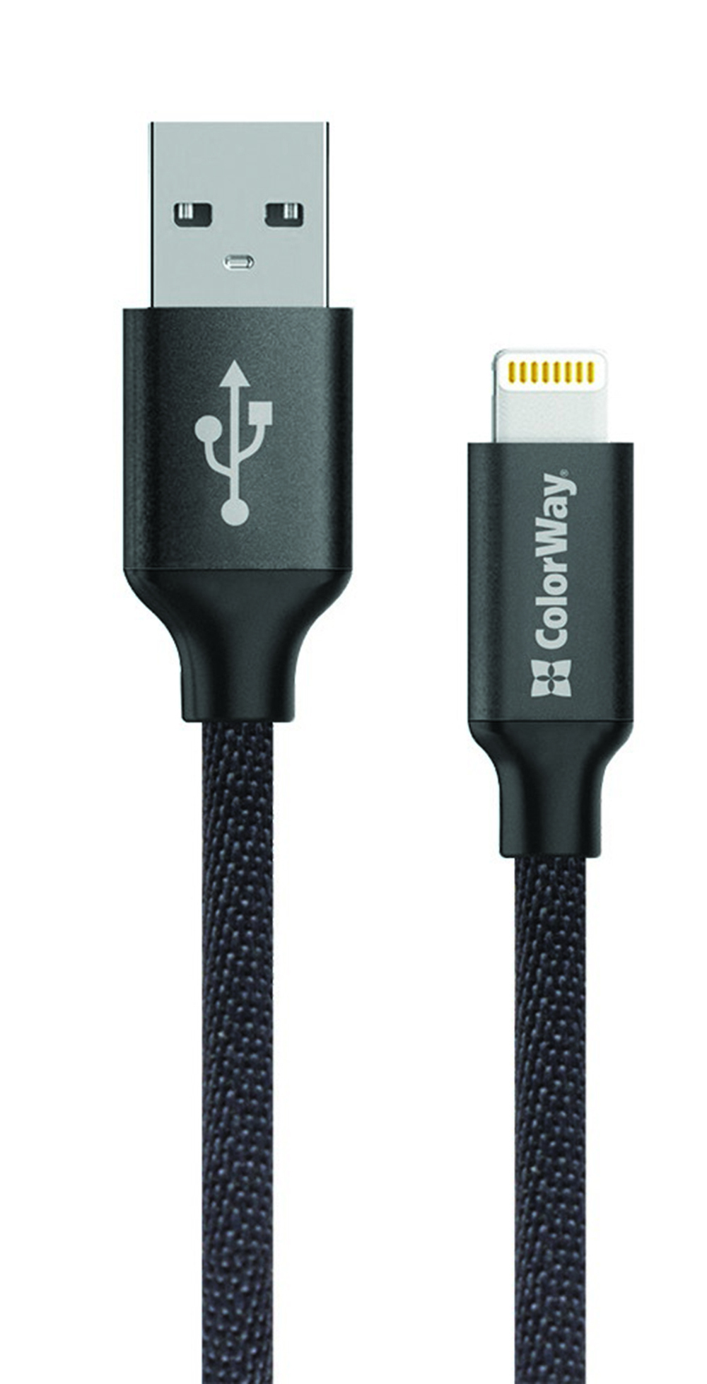 Cavo da USB a Lightning nero su sfondo bianco.