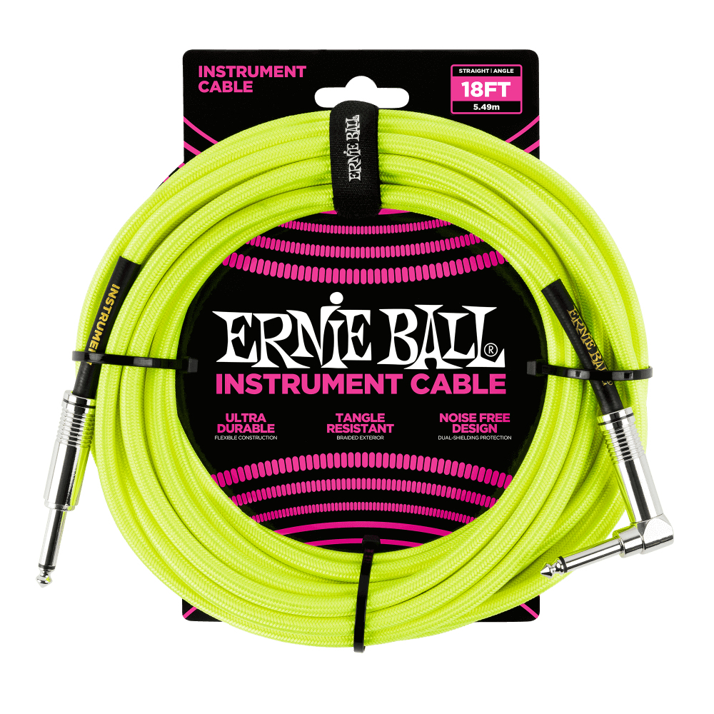 Cavo per strumenti Ernie Ball verde lime in confezione. Include testo e specifiche del cavo. Accenti neri e rosa.