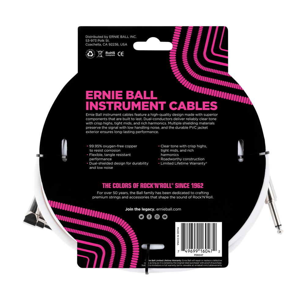 Retro di una confezione di cavo per strumenti Ernie Ball bianca. Testo e specifiche sono visibili. Caratteristiche di nero e rosa.