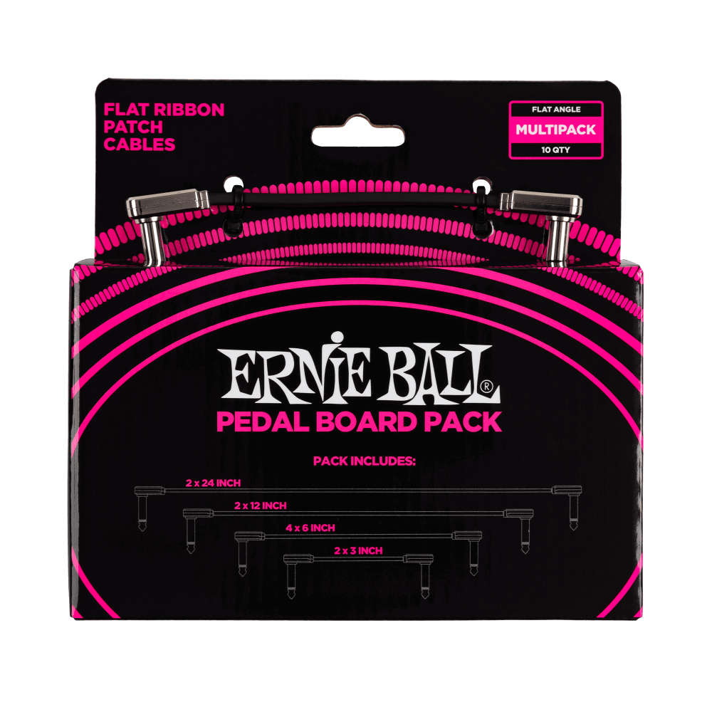 Confezione pedaliera Ernie Ball con cavi patch a nastro piatto. Imballaggio nero e rosa con testo.