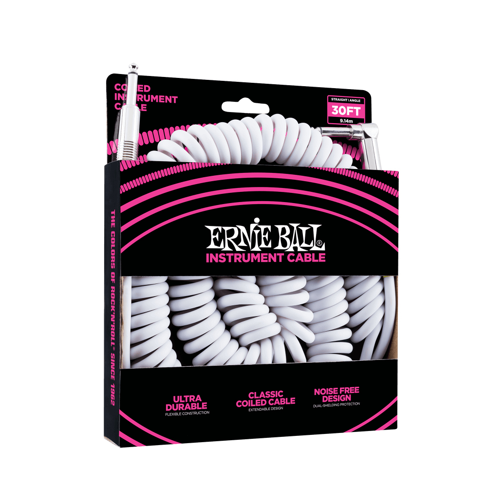 Cavo per strumenti Ernie Ball bianco a spirale nella confezione nera e rosa. Il cavo si estende dalla confezione.