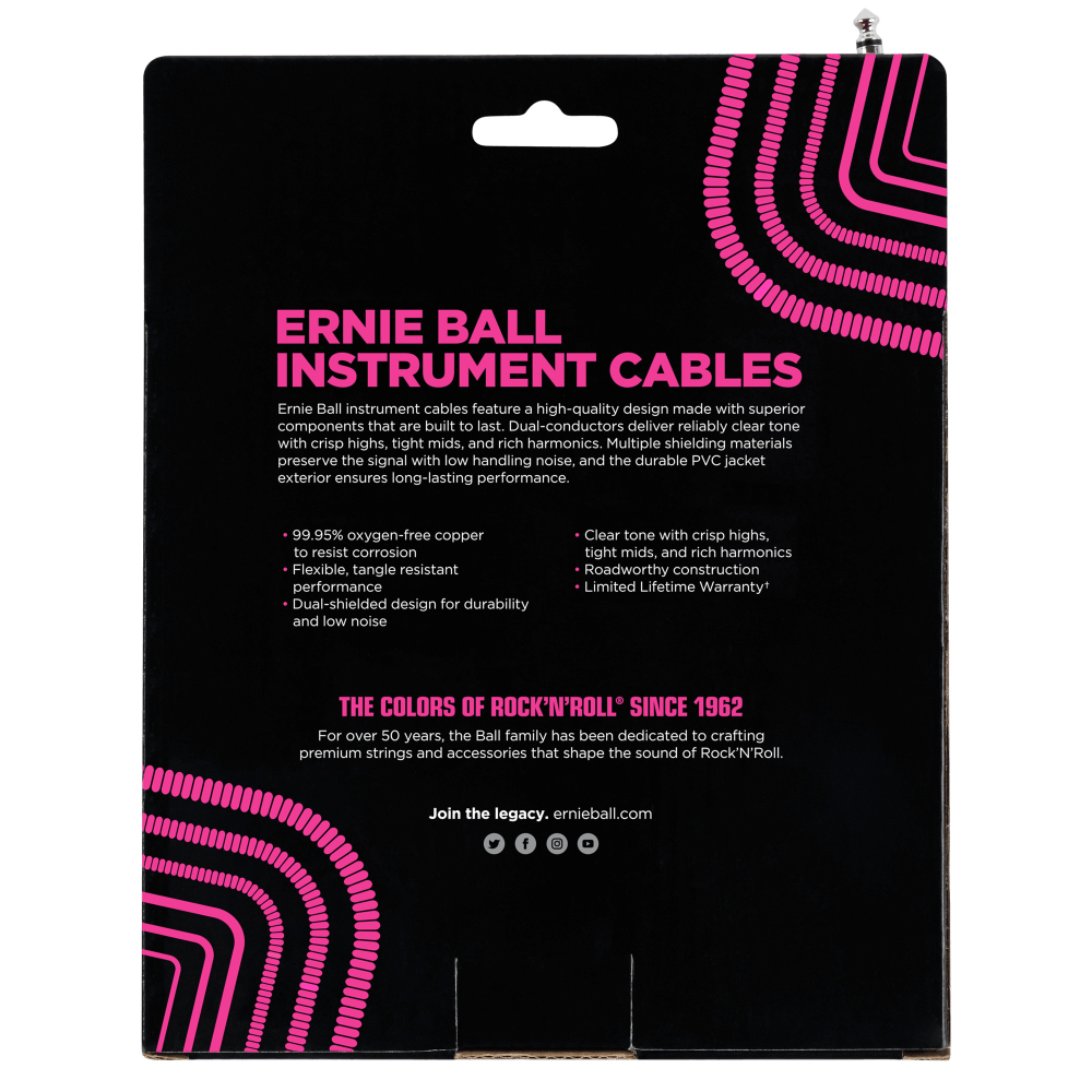 Confezione nera di cavi per strumenti Ernie Ball. Testo ed elementi di design rosa su sfondo nero.