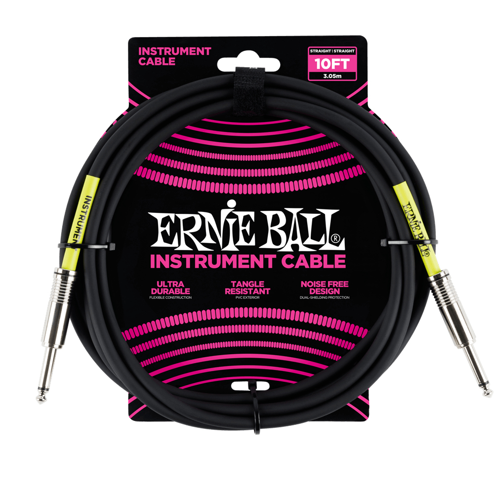Cavo per strumenti Ernie Ball nero a spirale nella confezione. Etichette gialle, connettori e testo visibili.
