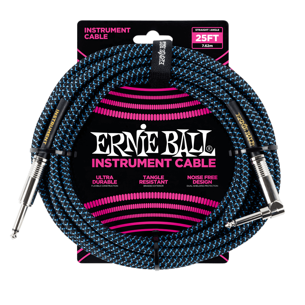 Cavo per strumenti Ernie Ball nero e blu a spirale. Confezione con testo e connettori visibili.
