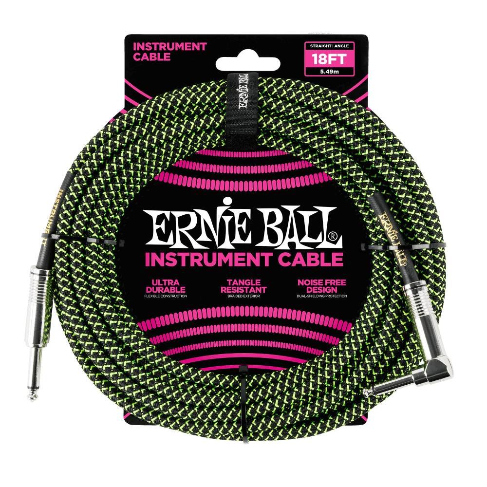 Cavo per strumenti Ernie Ball, verde e nero, su sfondo bianco.