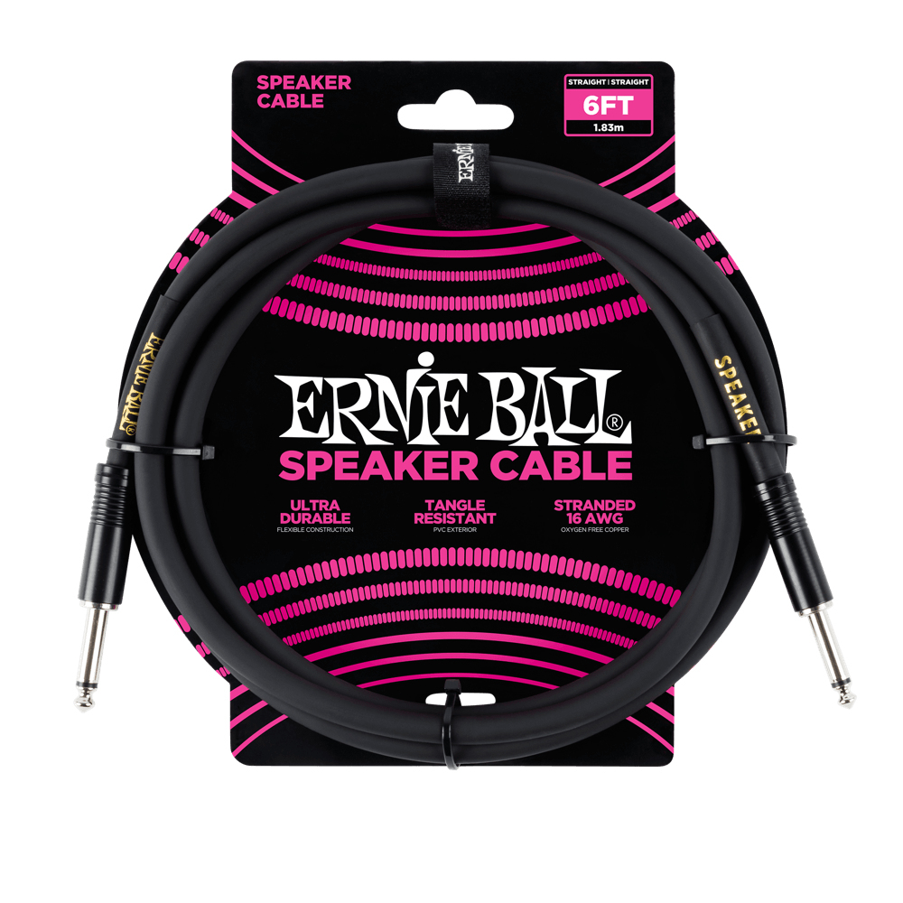 Cavo per altoparlanti Ernie Ball, nero con jack argentati, su sfondo bianco.