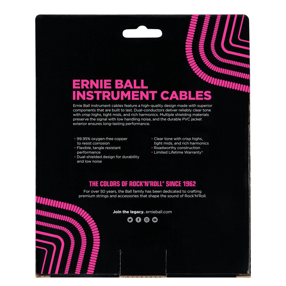 Rückseite der Ernie Ball Instrumentenkabelverpackung. Schwarz mit rosa Akzenten und Text.