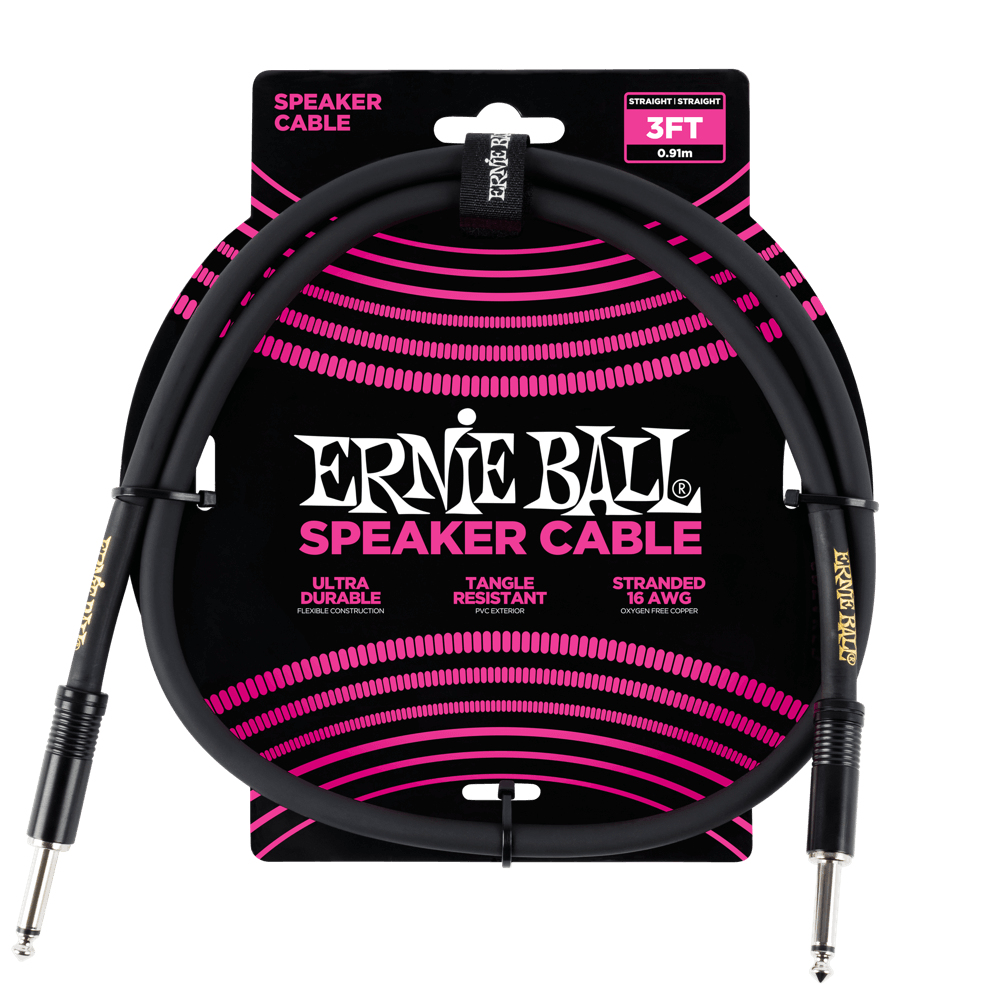 Cavo per altoparlanti Ernie Ball nero arrotolato. Confezione nera con testo bianco. Connettori diritti.