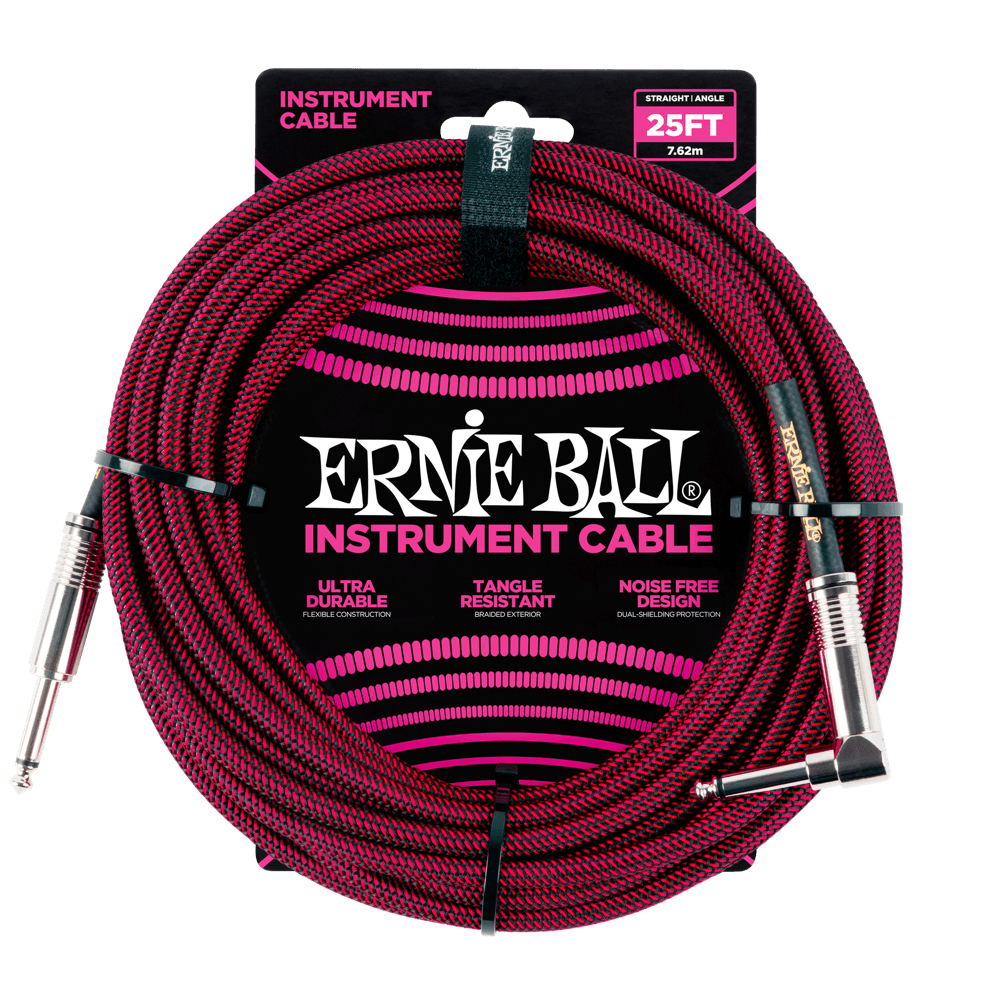 Cavo per strumenti Ernie Ball rosso e nero su sfondo bianco. La confezione è nera e rosa.